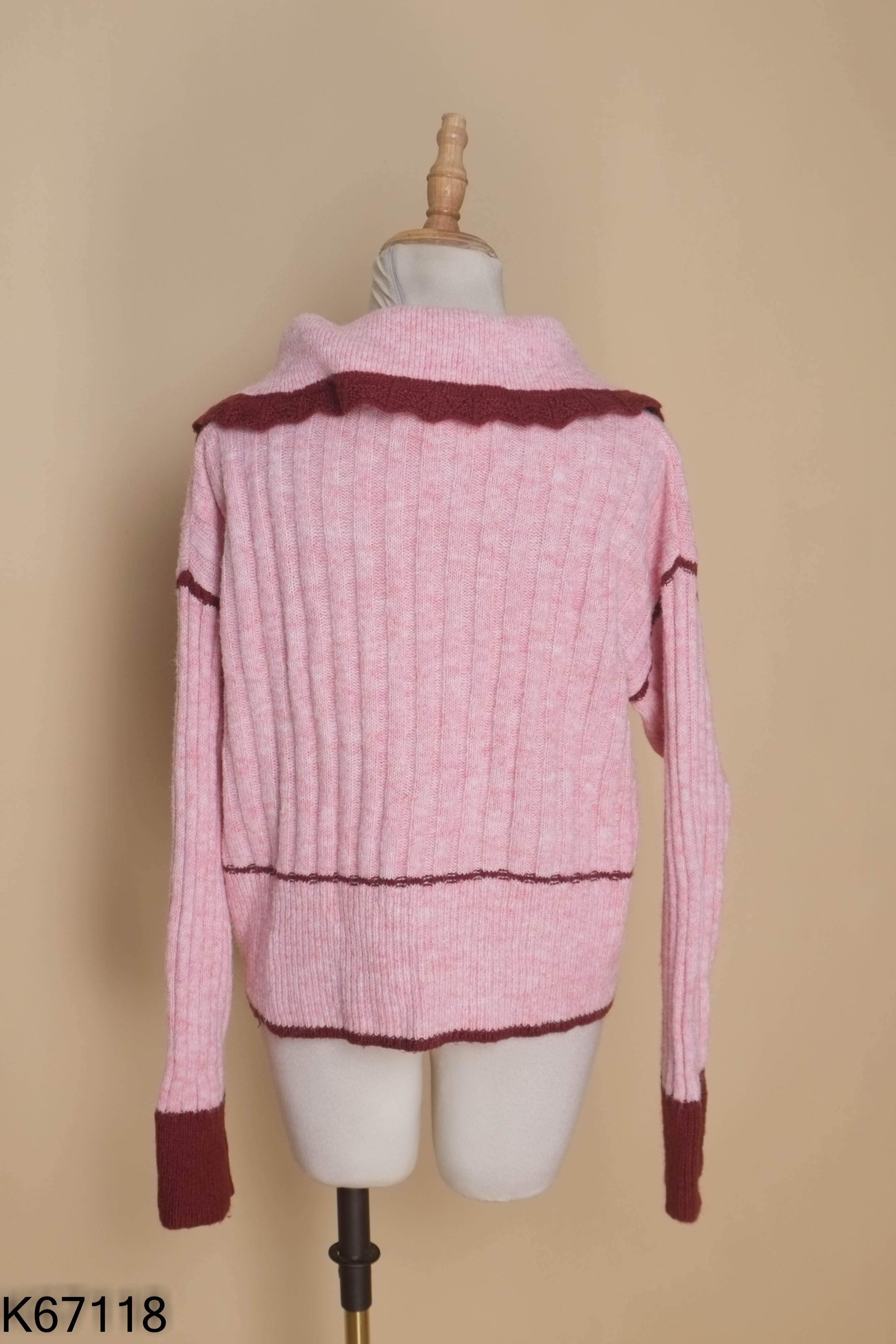 Áo cardigans hồng cổ bèo viền đỏ