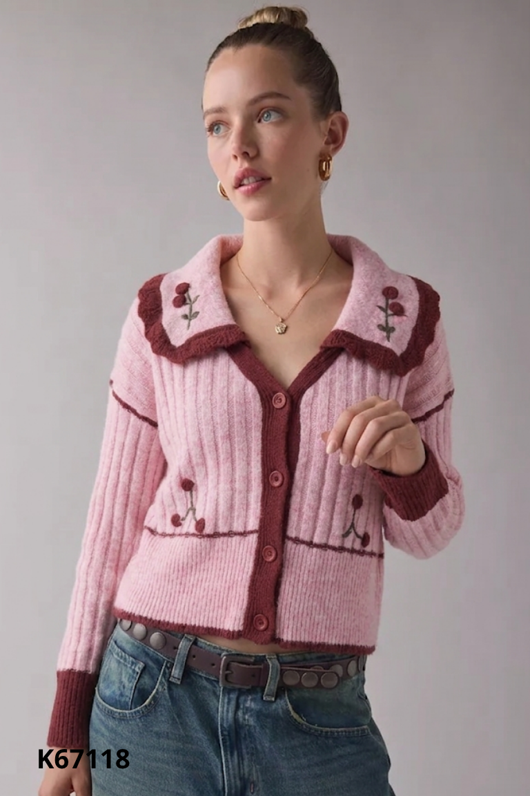 Áo cardigans hồng cổ bèo viền đỏ