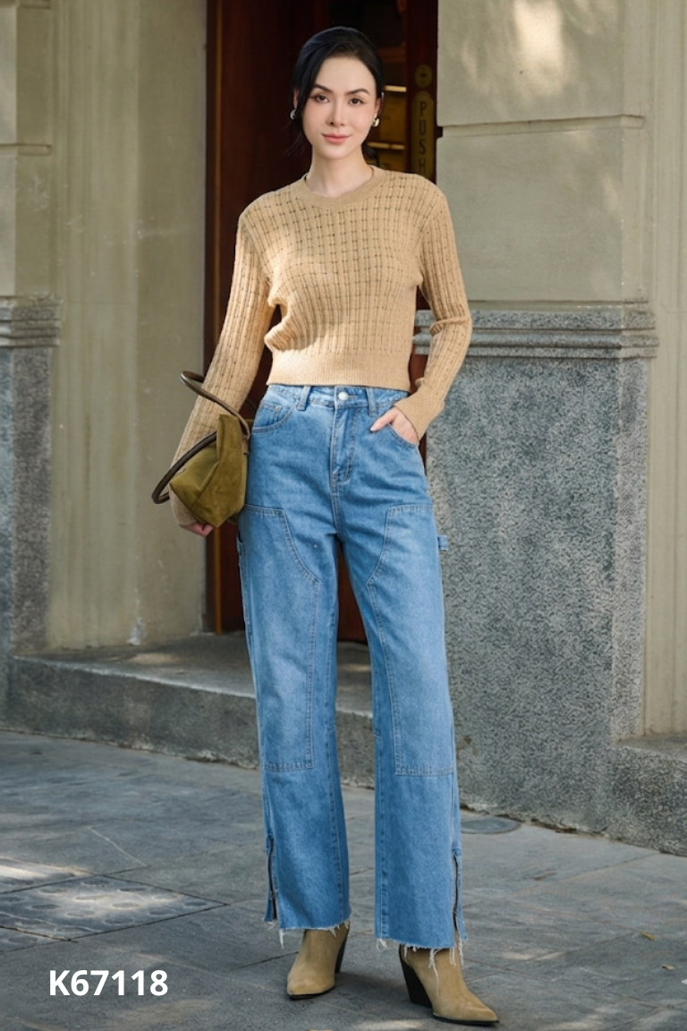 Quần jeans xanh ống đứng