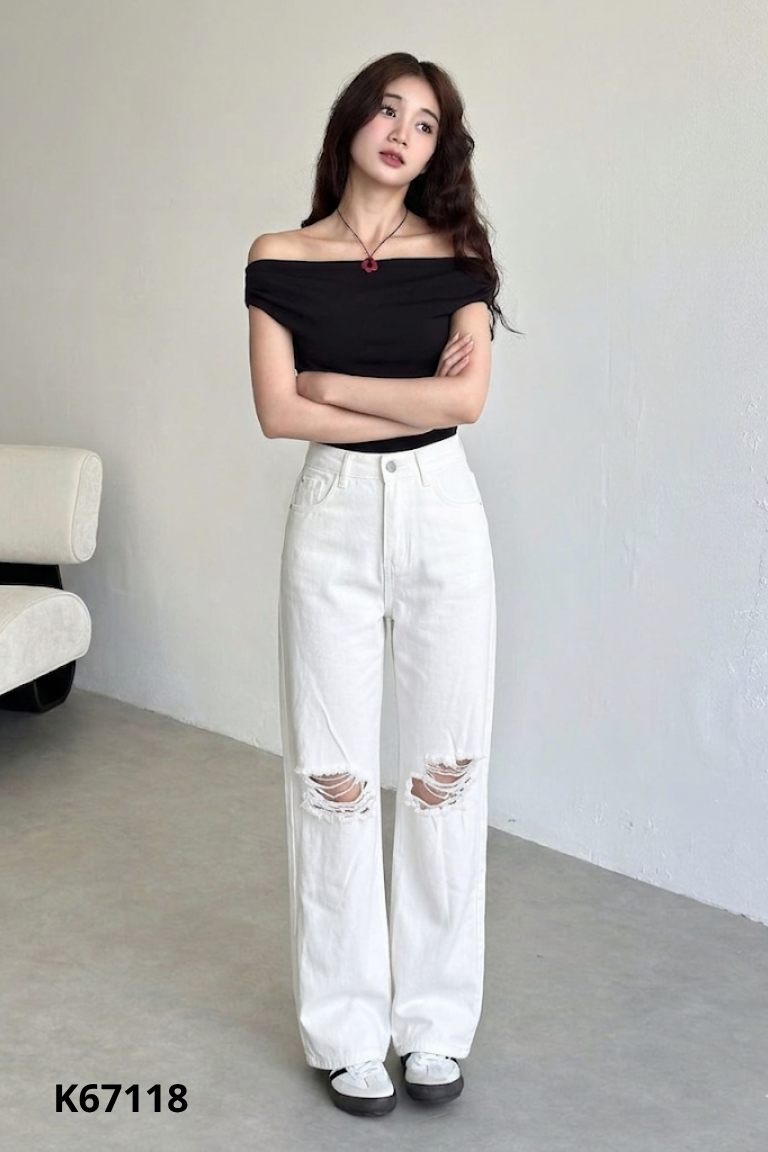 Quần jeans trắng suông rách gối