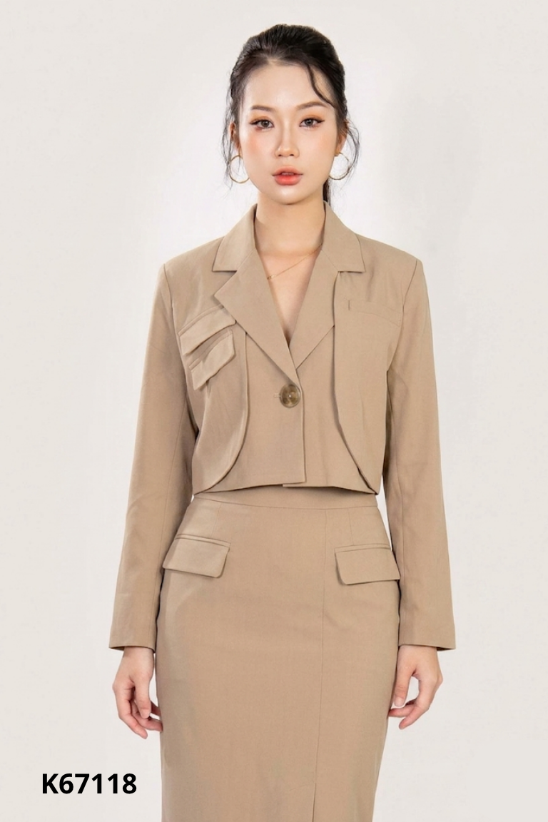 Áo khoác blazer nâu phối kiểu ngắn