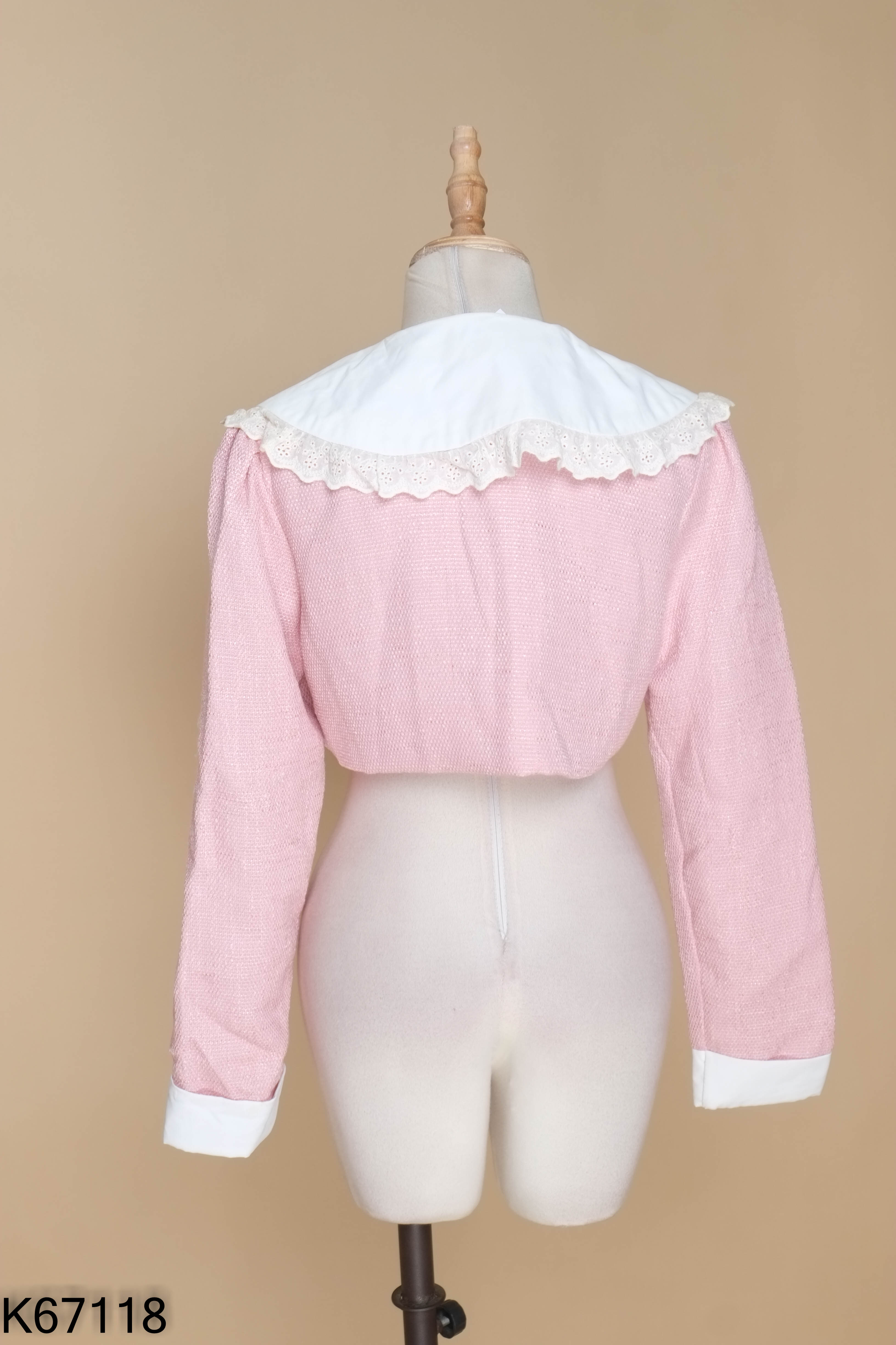 Áo tweed hồng cổ trắng croptop