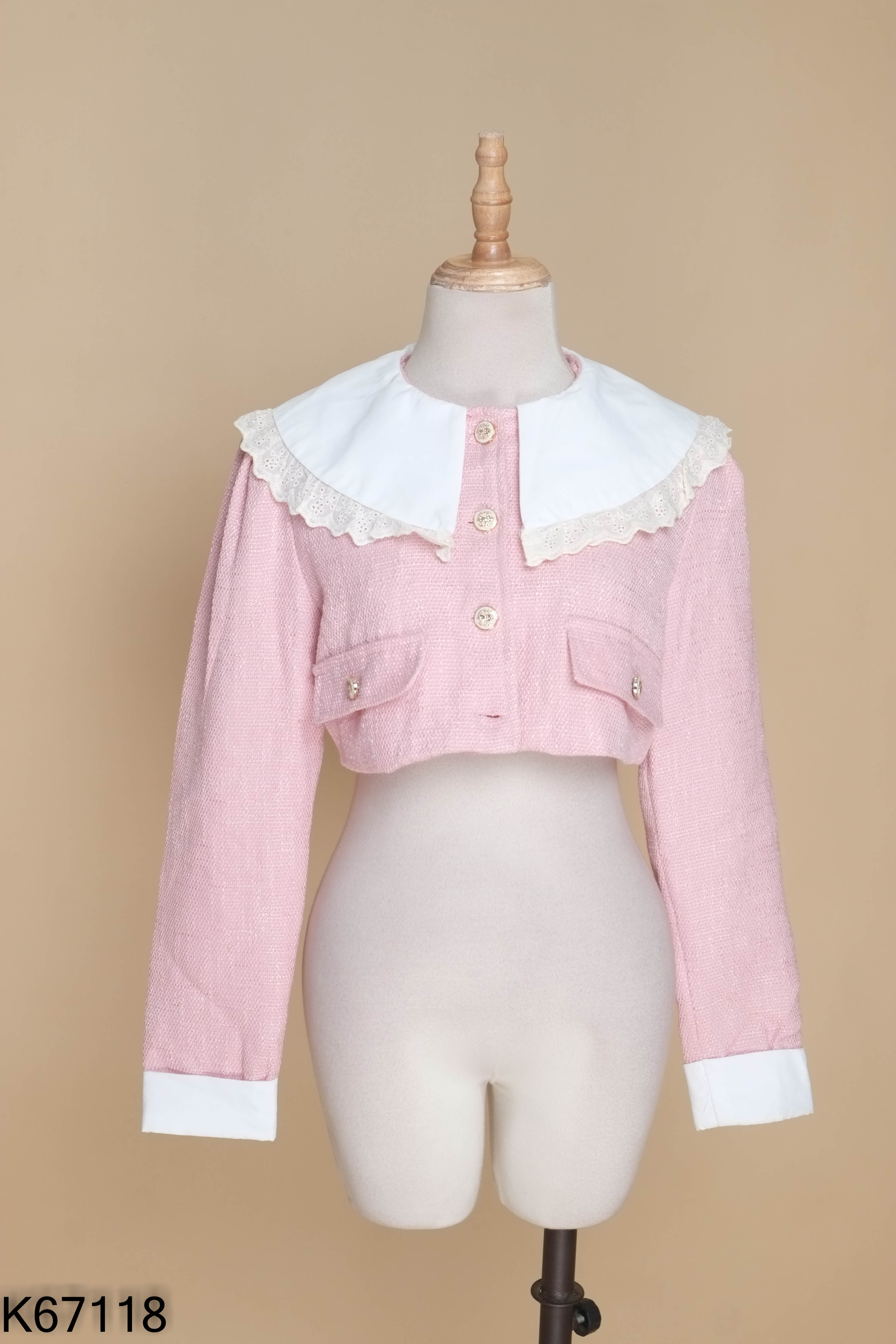 Áo tweed hồng cổ trắng croptop