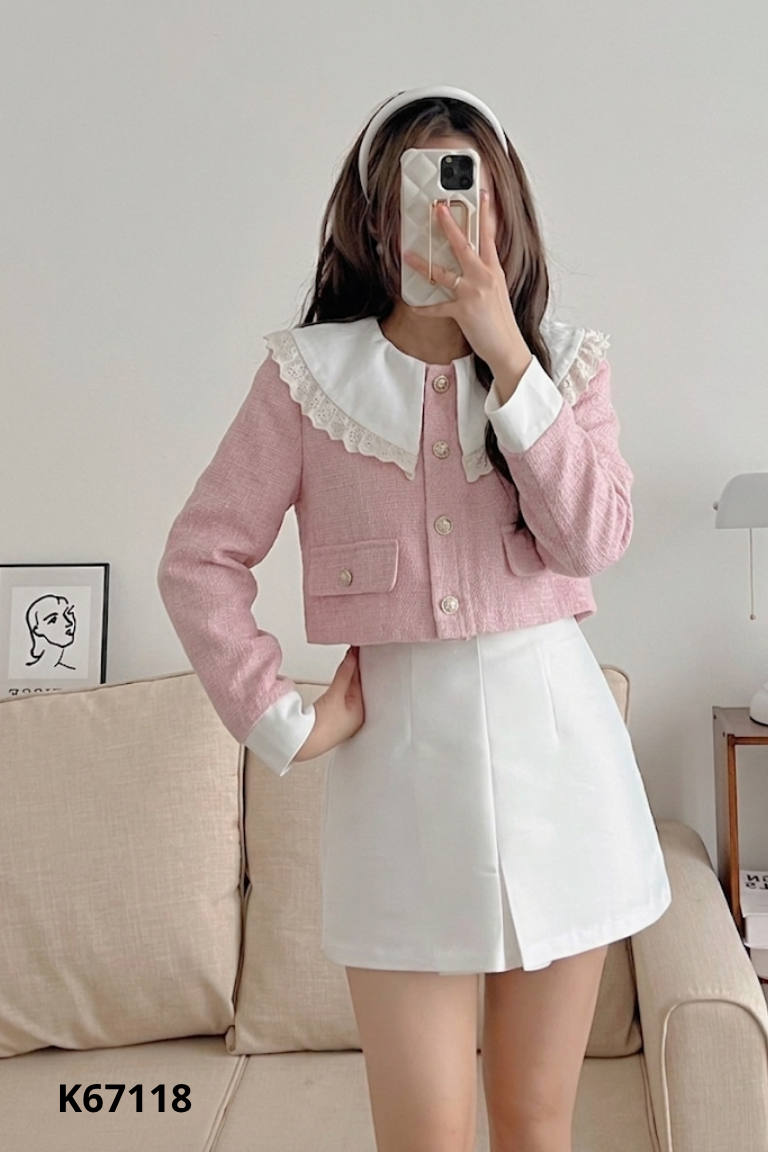 Áo tweed hồng cổ trắng croptop