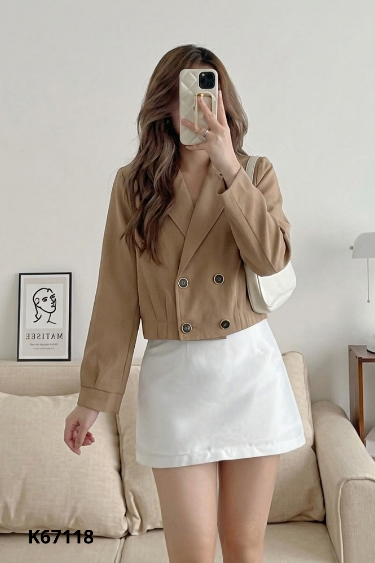 Áo blazer nâu phối cúc đen form ngắn