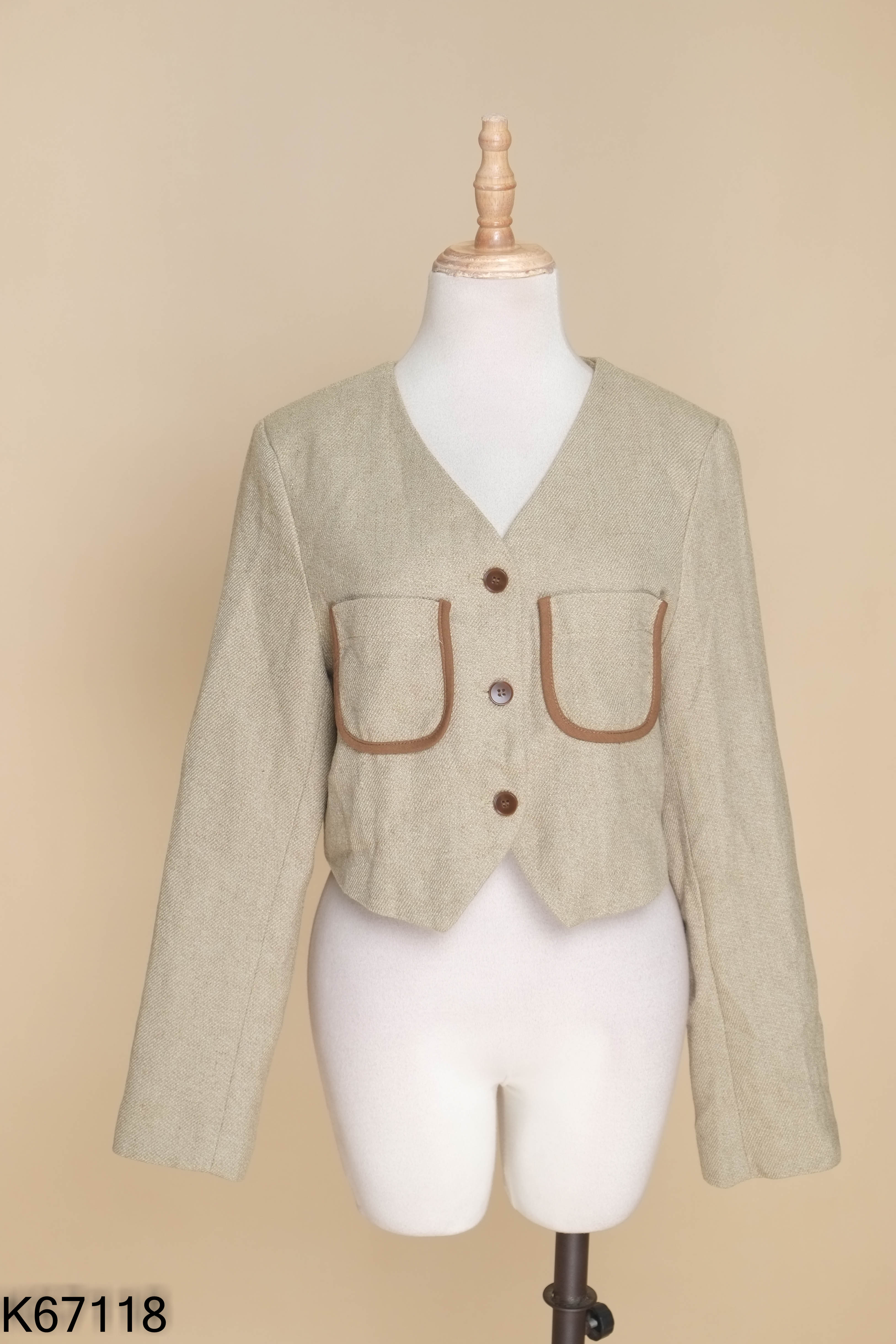 Áo khoác tweed xanh phối túi form ngắn
