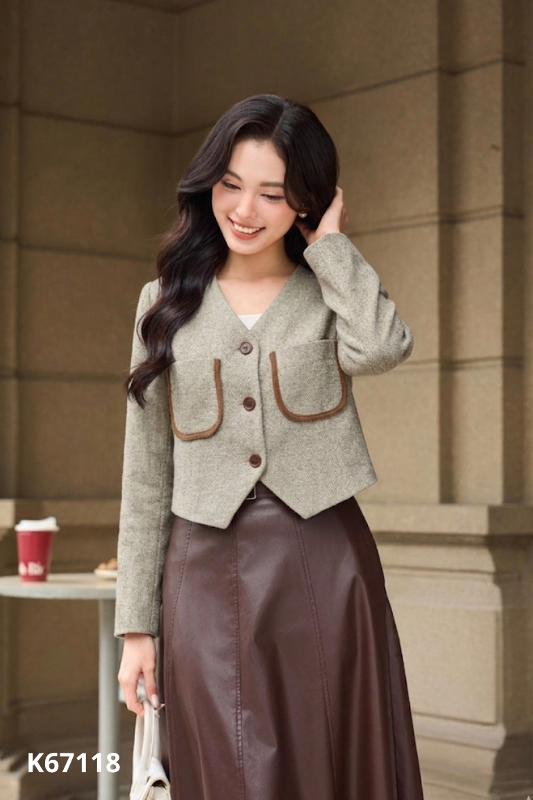 Áo khoác tweed xanh phối túi form ngắn