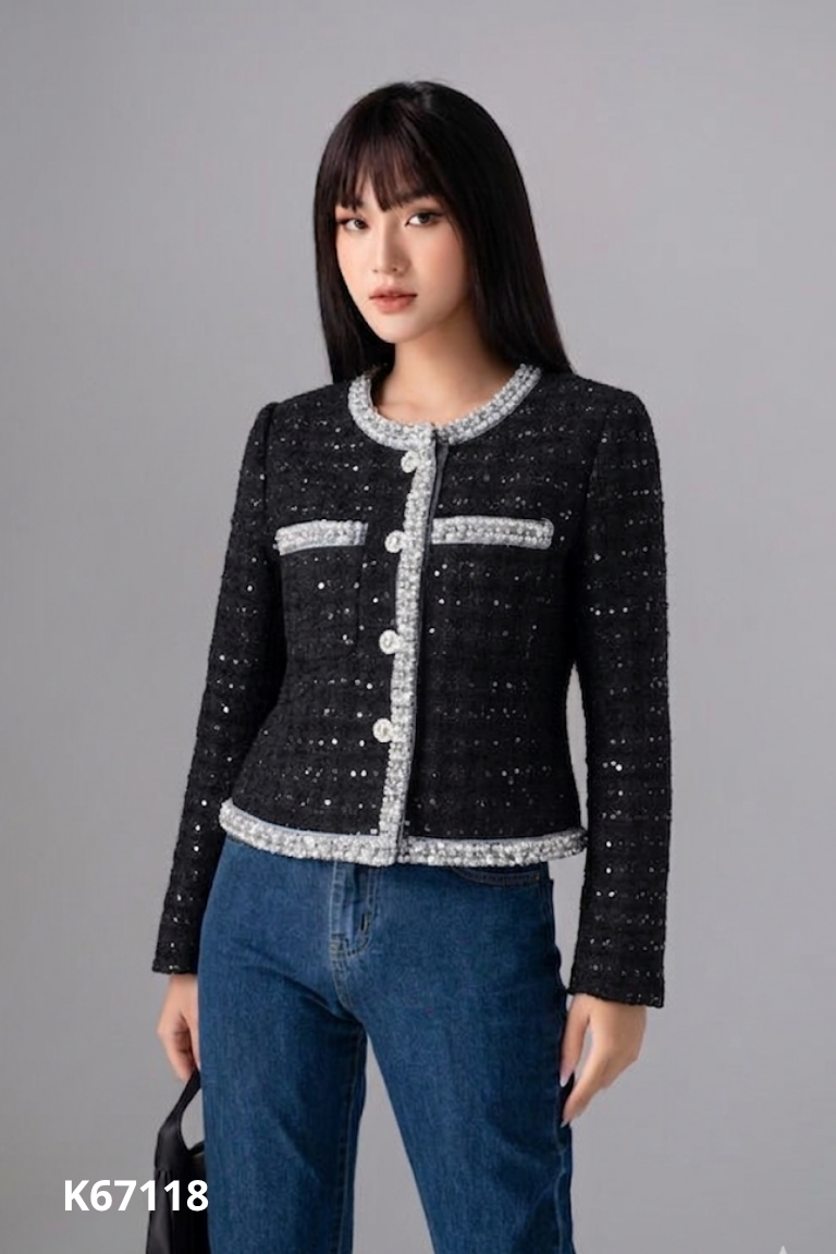 Áo khoác dạ tweed đen họa tiết kim tuyến