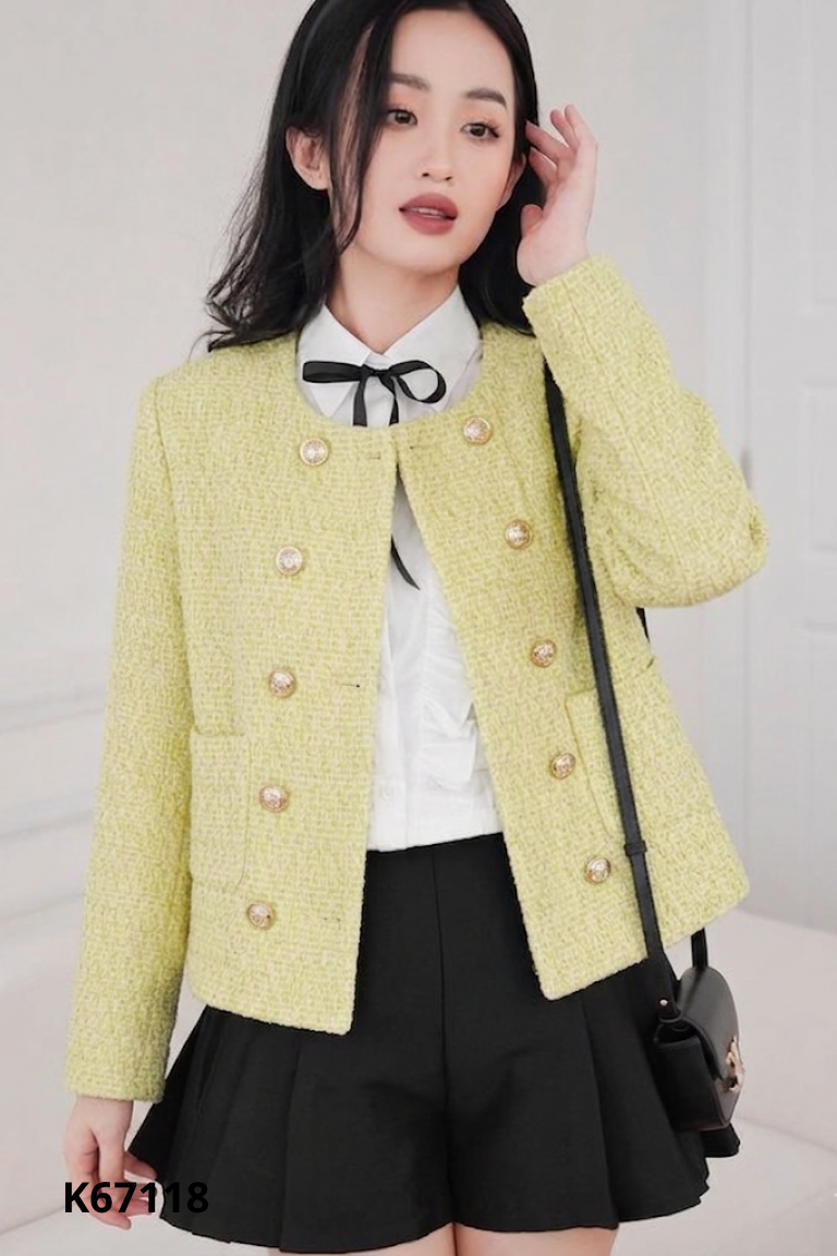 Áo khoác dạ len xanh cốm phối cúc sáng