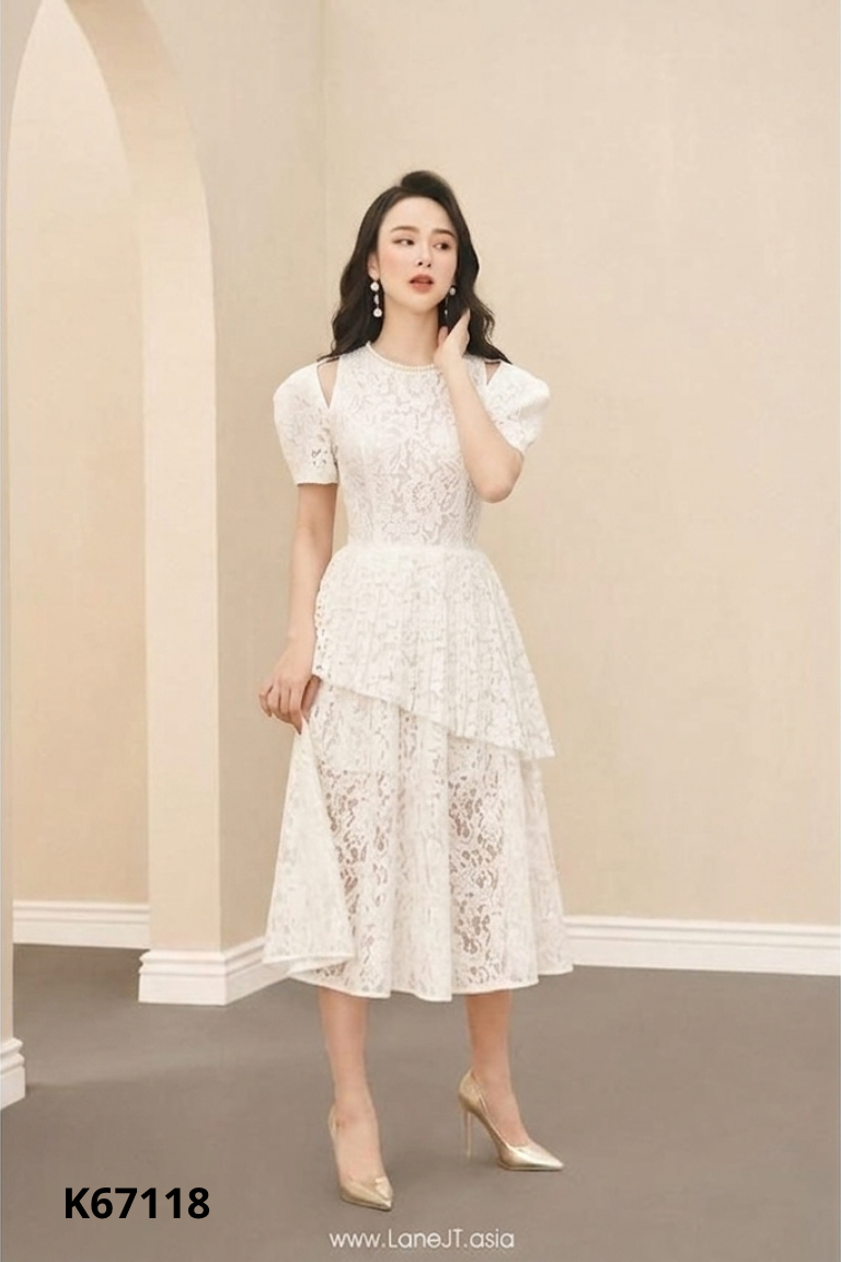 Váy trắng ren phối ly tầng HM DESIGN