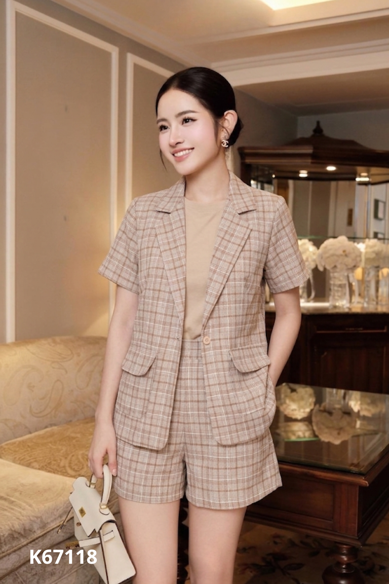 Set Áo blazer nâu kẻ MỸ NGA + Quần short