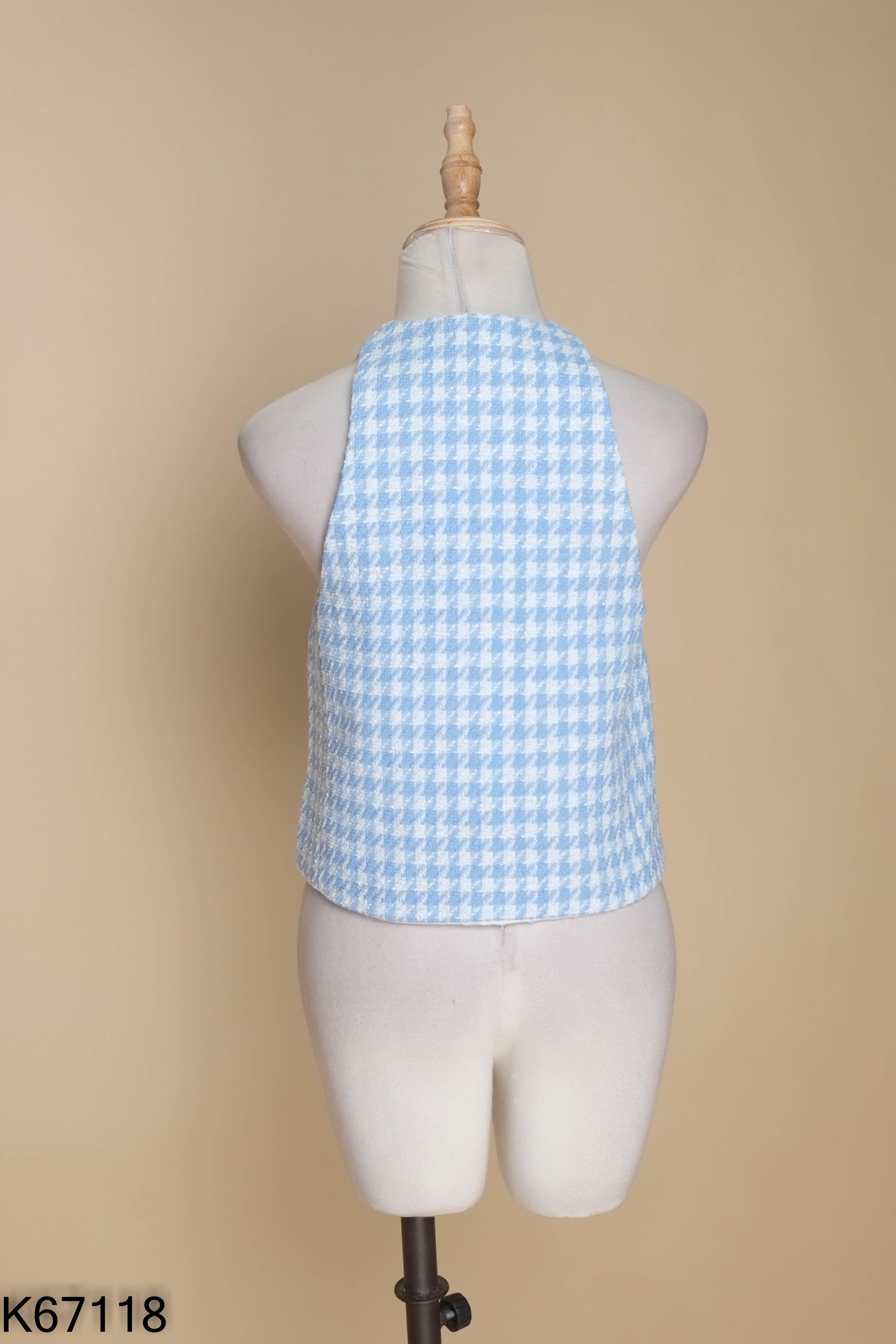 Áo tweed gile xanh mix trắng