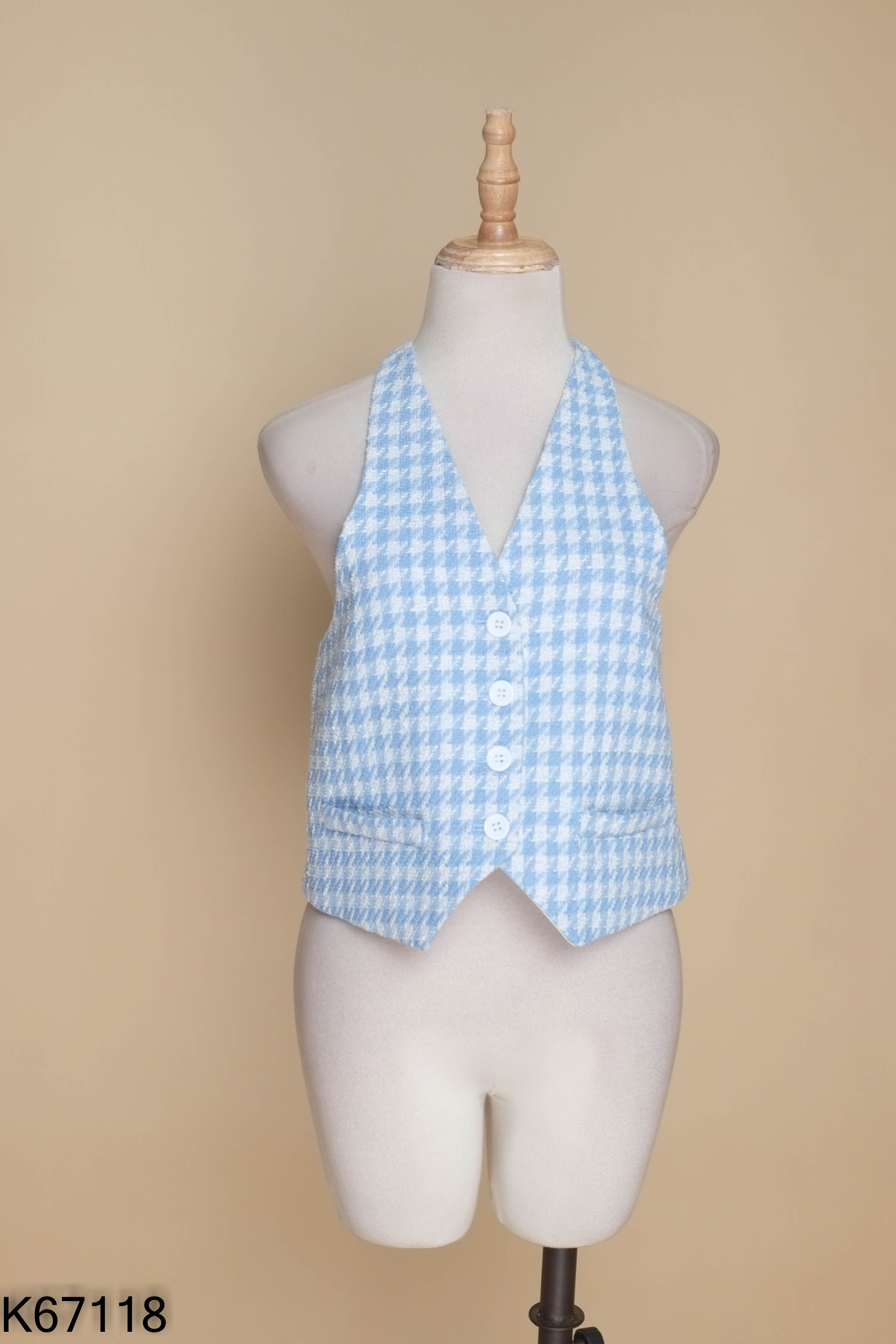 Áo tweed gile xanh mix trắng