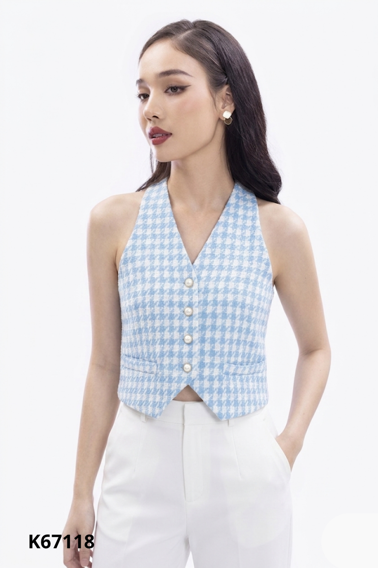Áo tweed gile xanh mix trắng