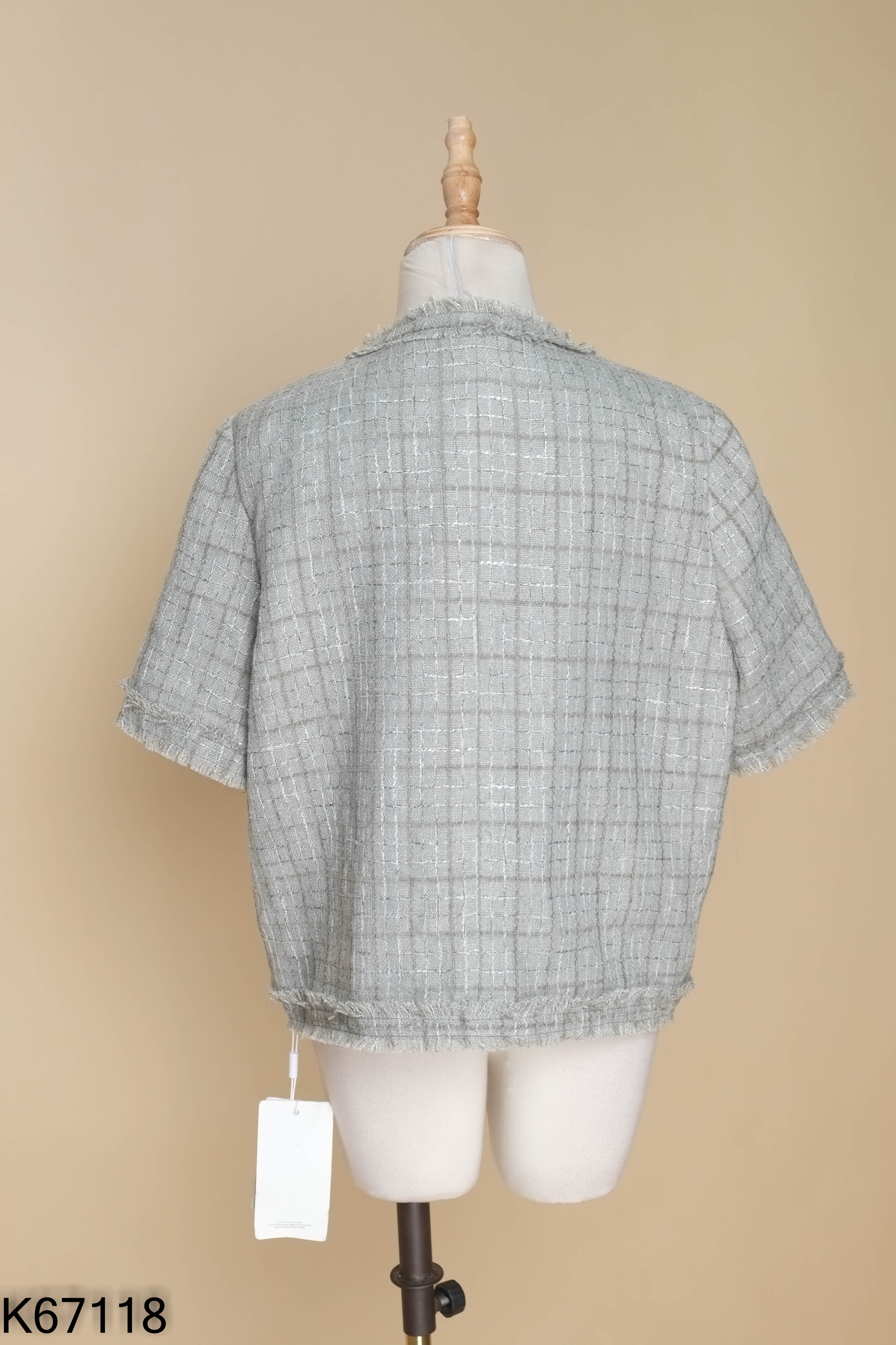 NEWTAG Áo khoác tweed len xanh viền tua rua