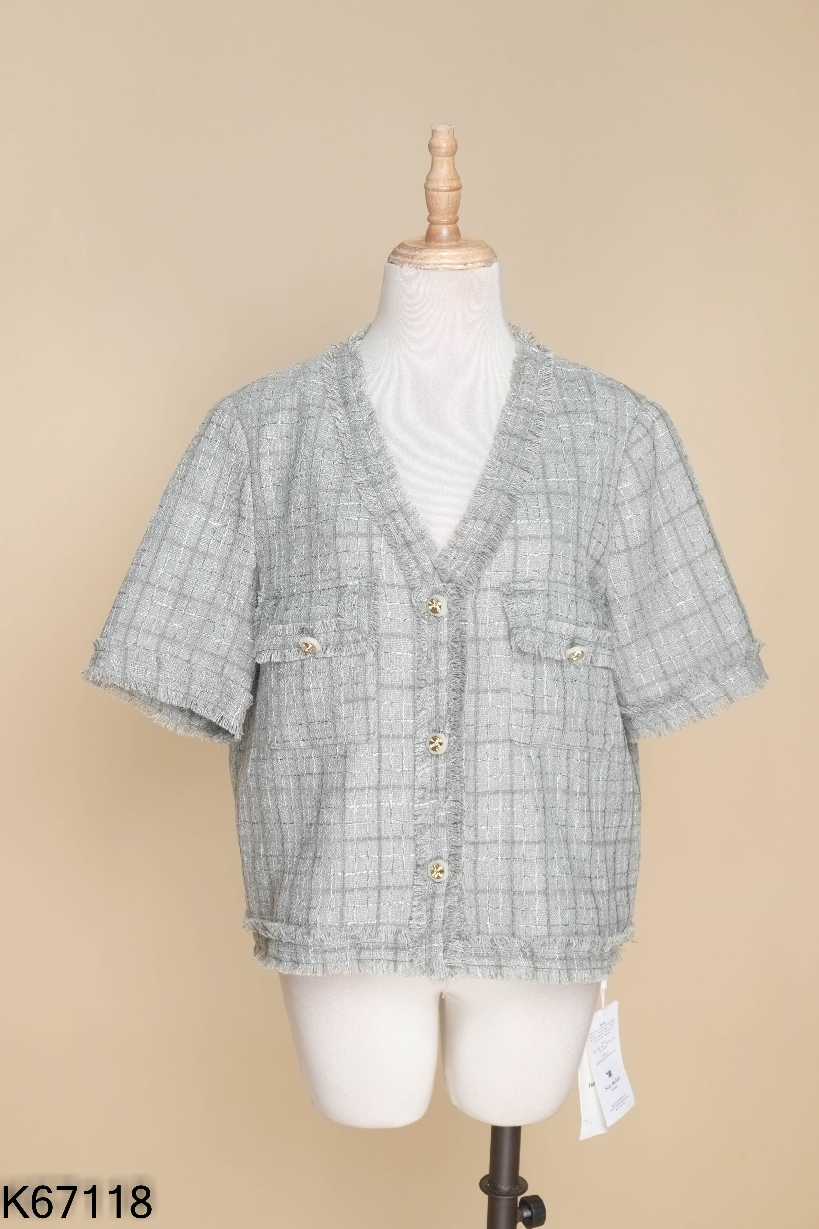 NEWTAG Áo khoác tweed len xanh viền tua rua