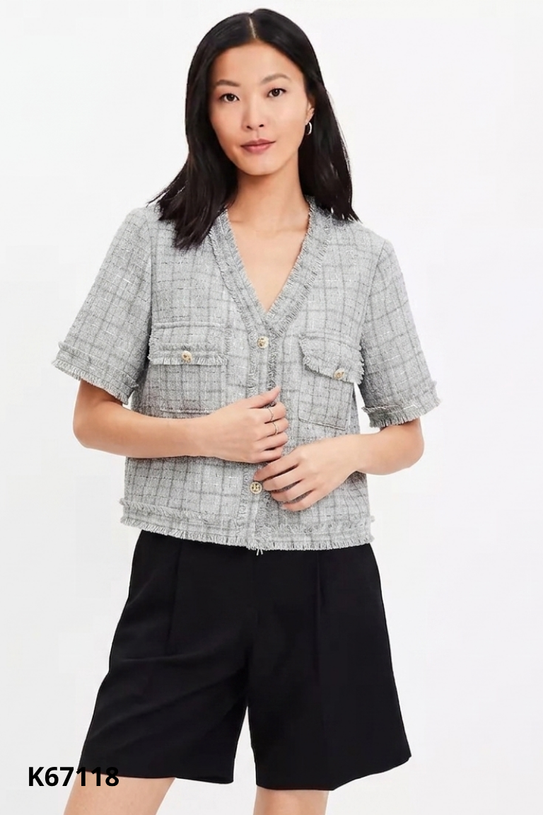 NEWTAG Áo khoác tweed len xanh viền tua rua