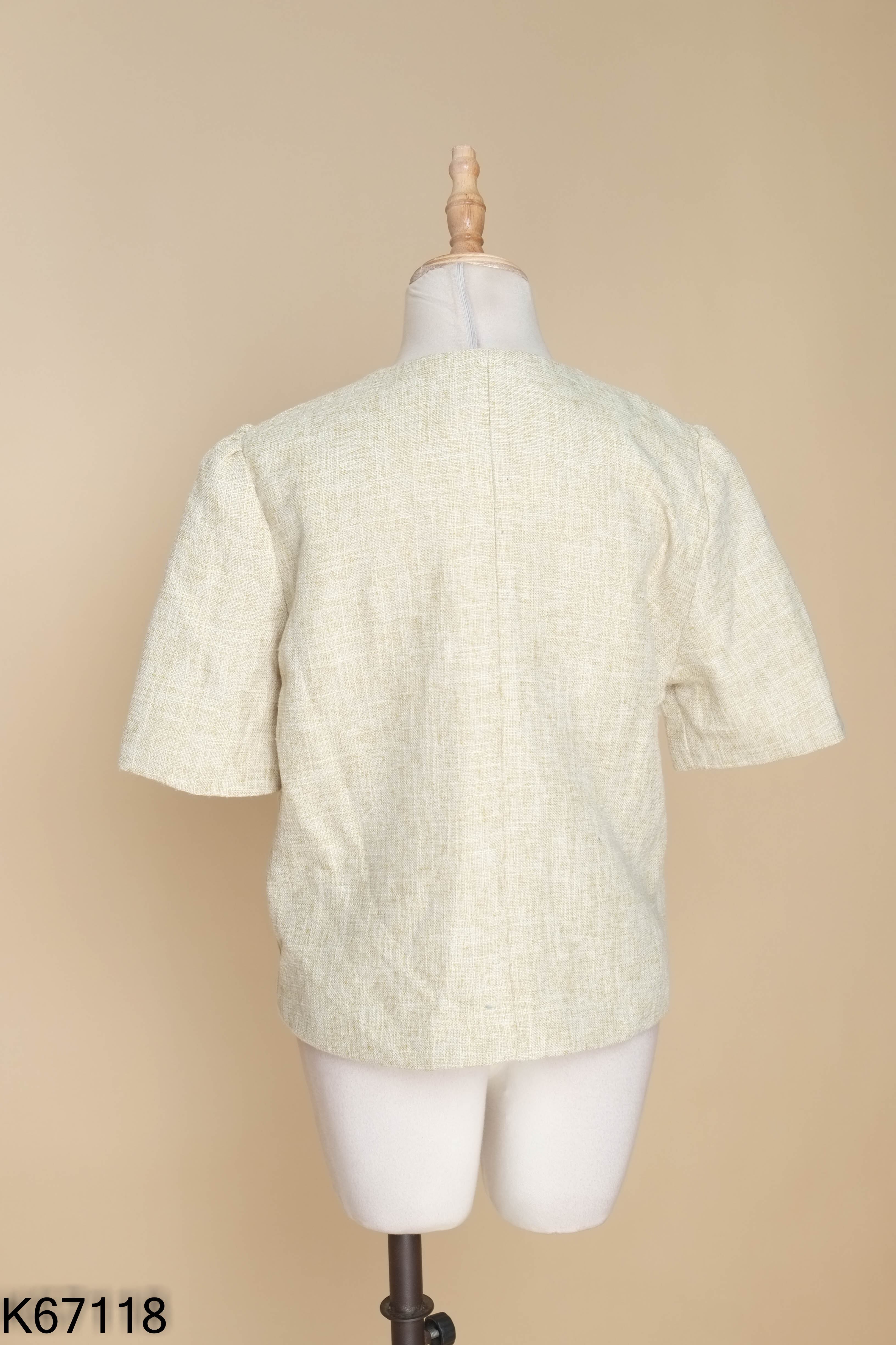 Áo tweed len xanh trơn phối cúc