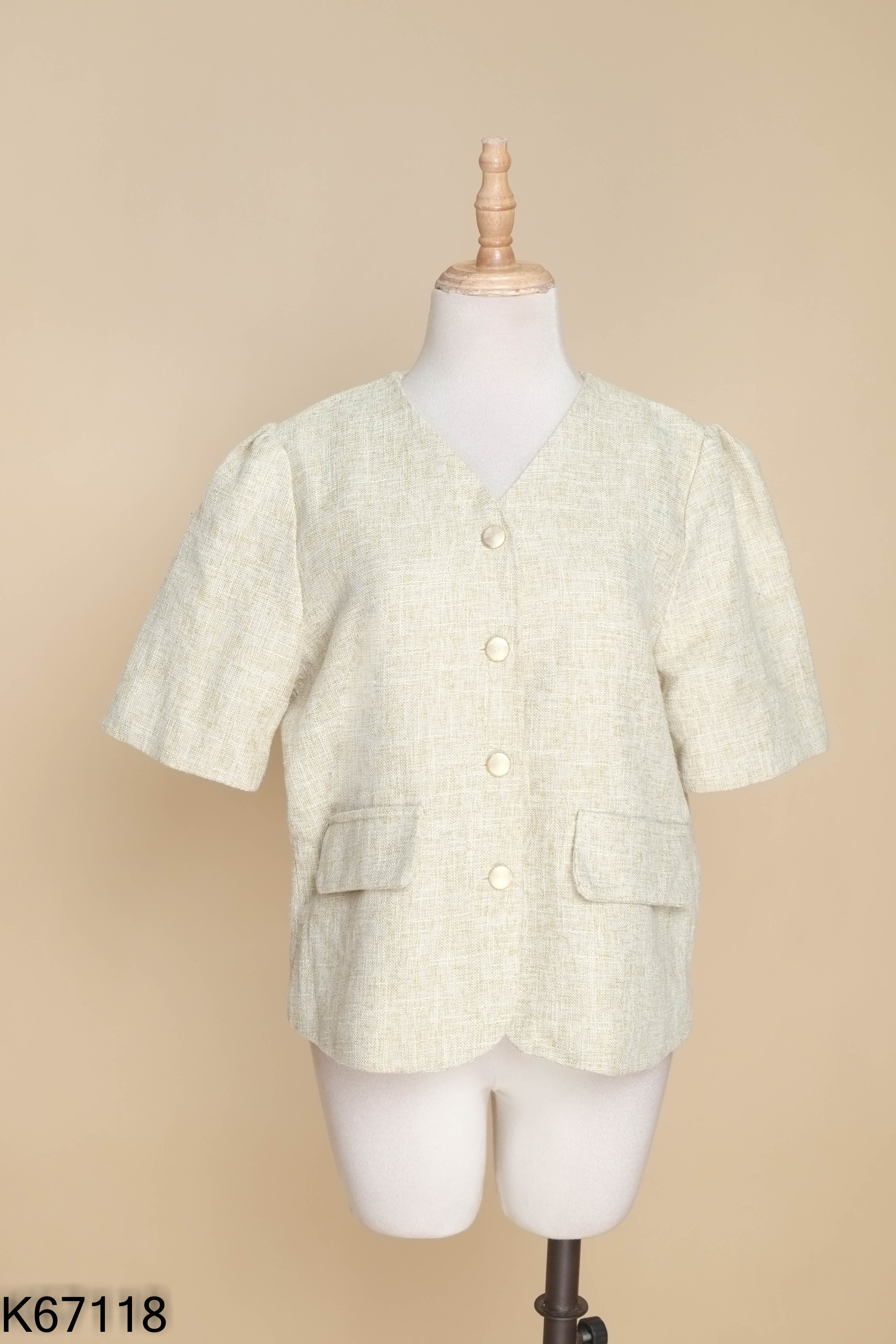 Áo tweed len xanh trơn phối cúc