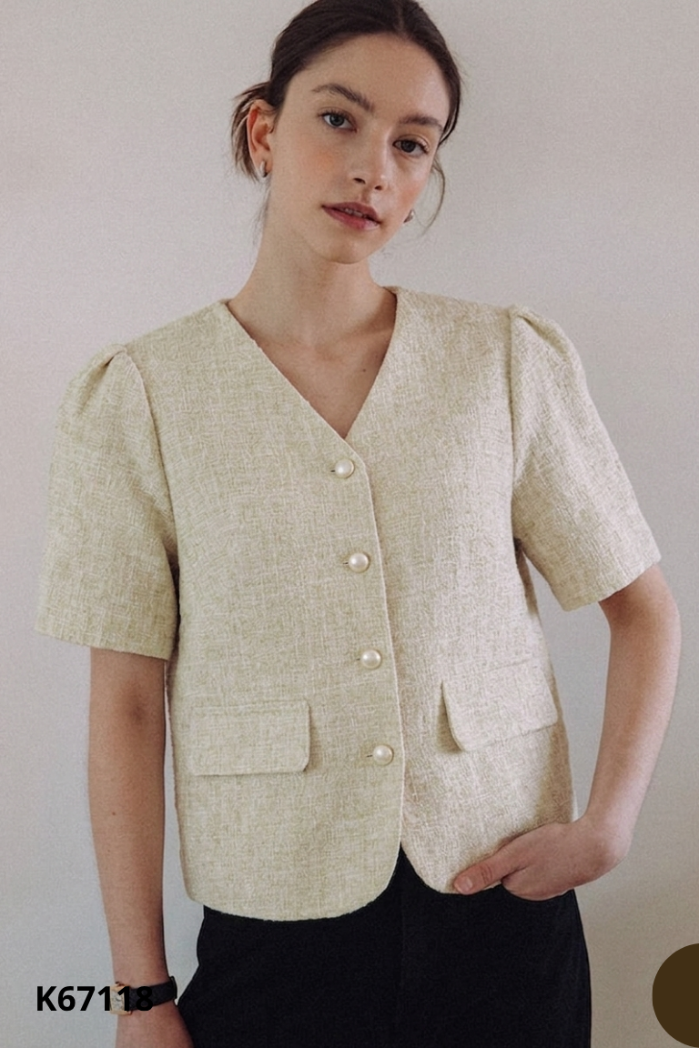 Áo tweed len xanh trơn phối cúc