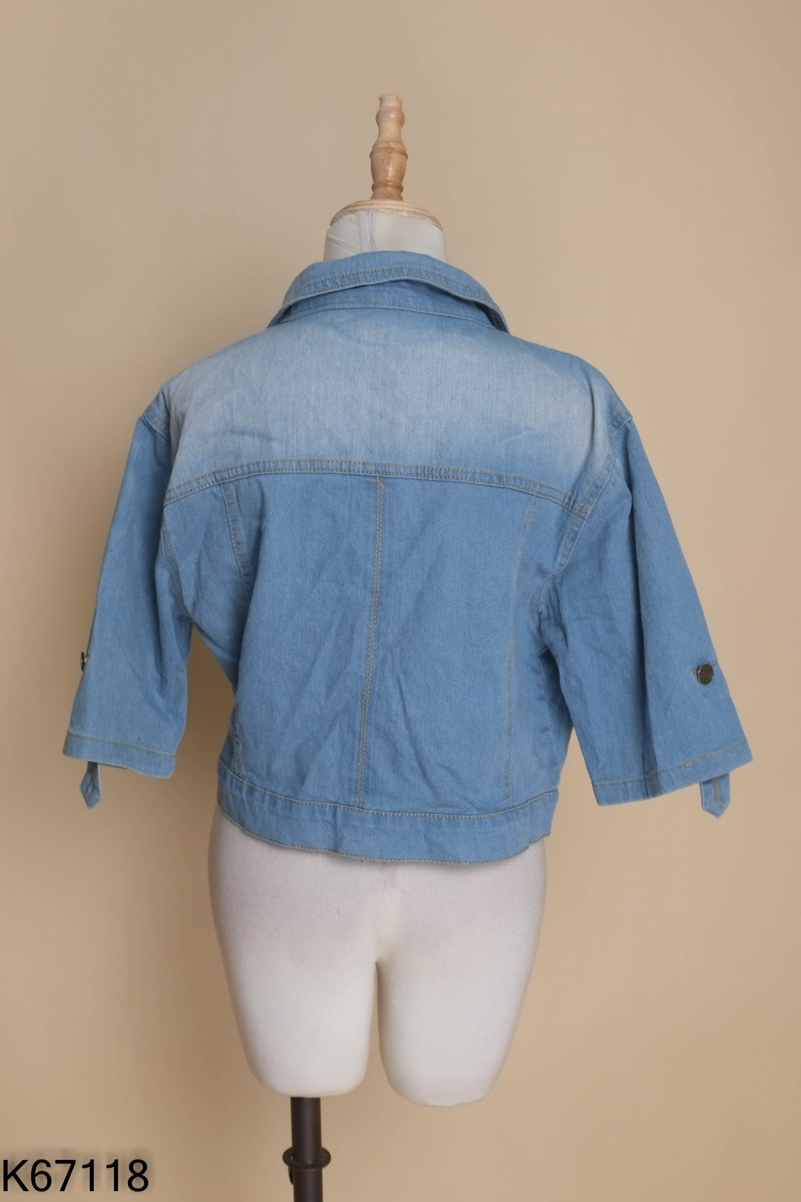Áo khoác jeans xanh ngắn phối tay lửng