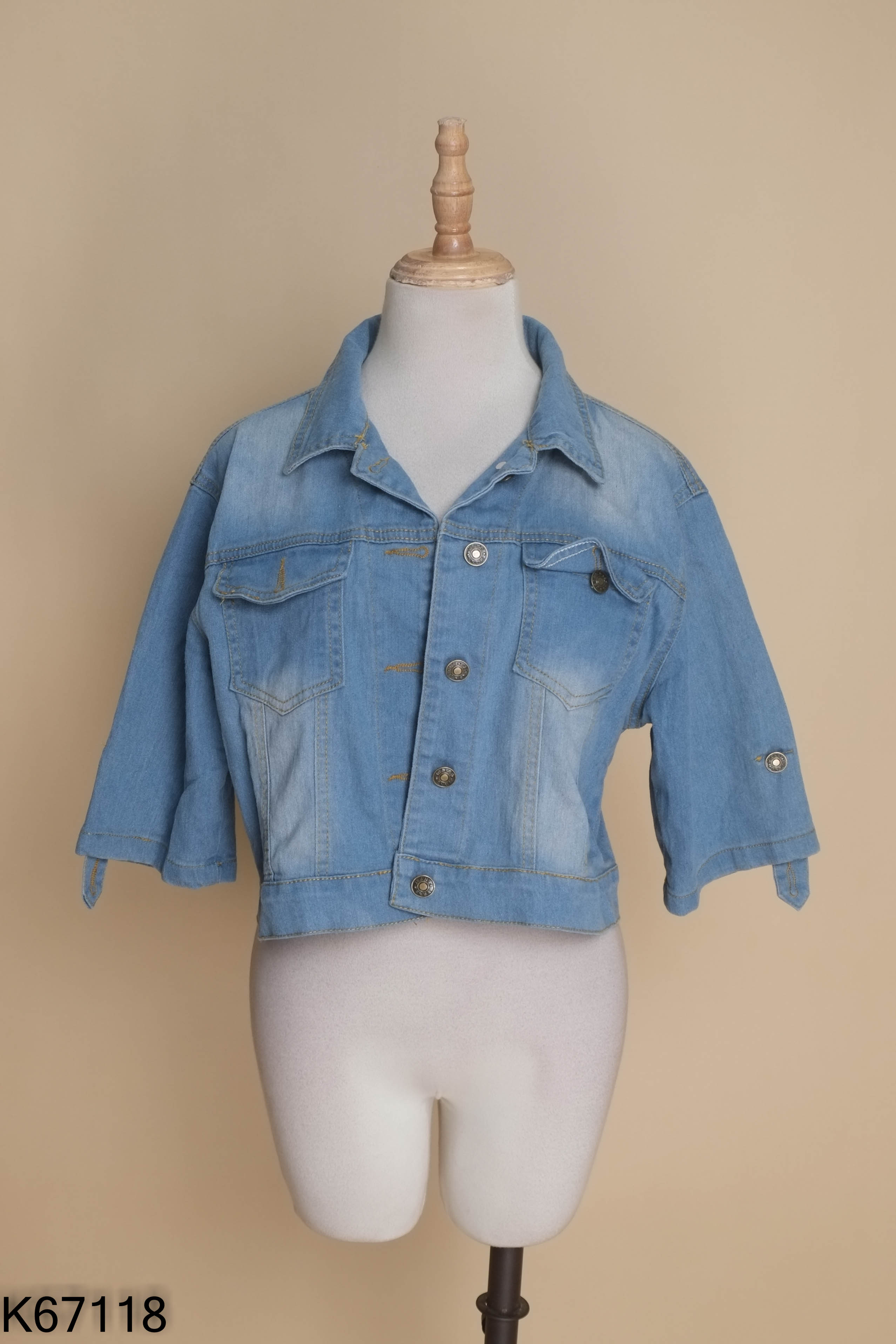 Áo khoác jeans xanh ngắn phối tay lửng