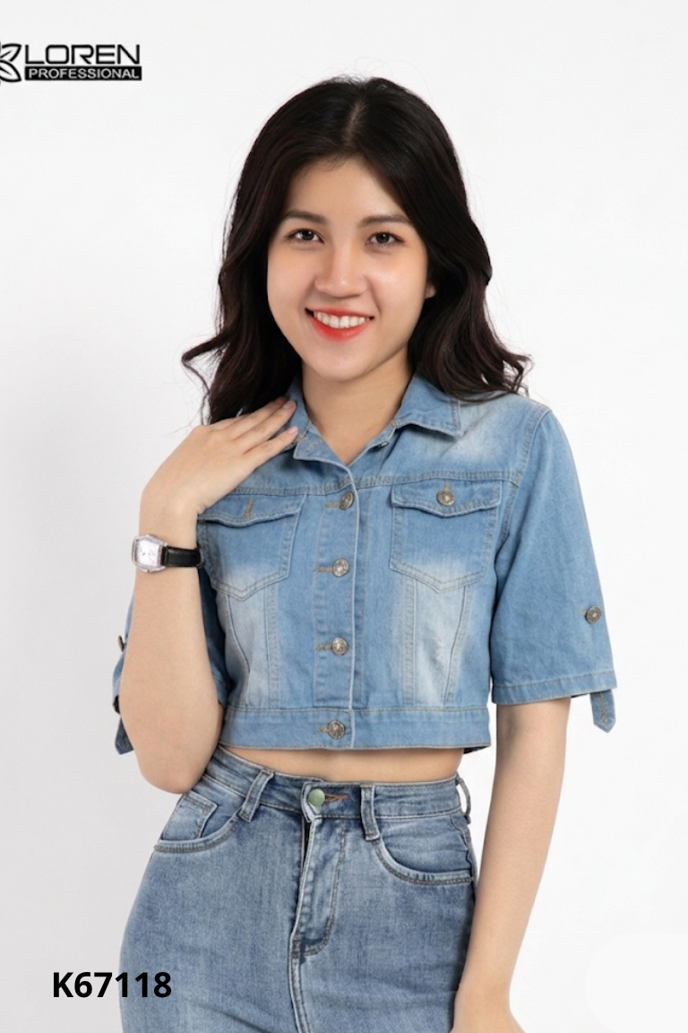Áo khoác jeans xanh ngắn phối tay lửng