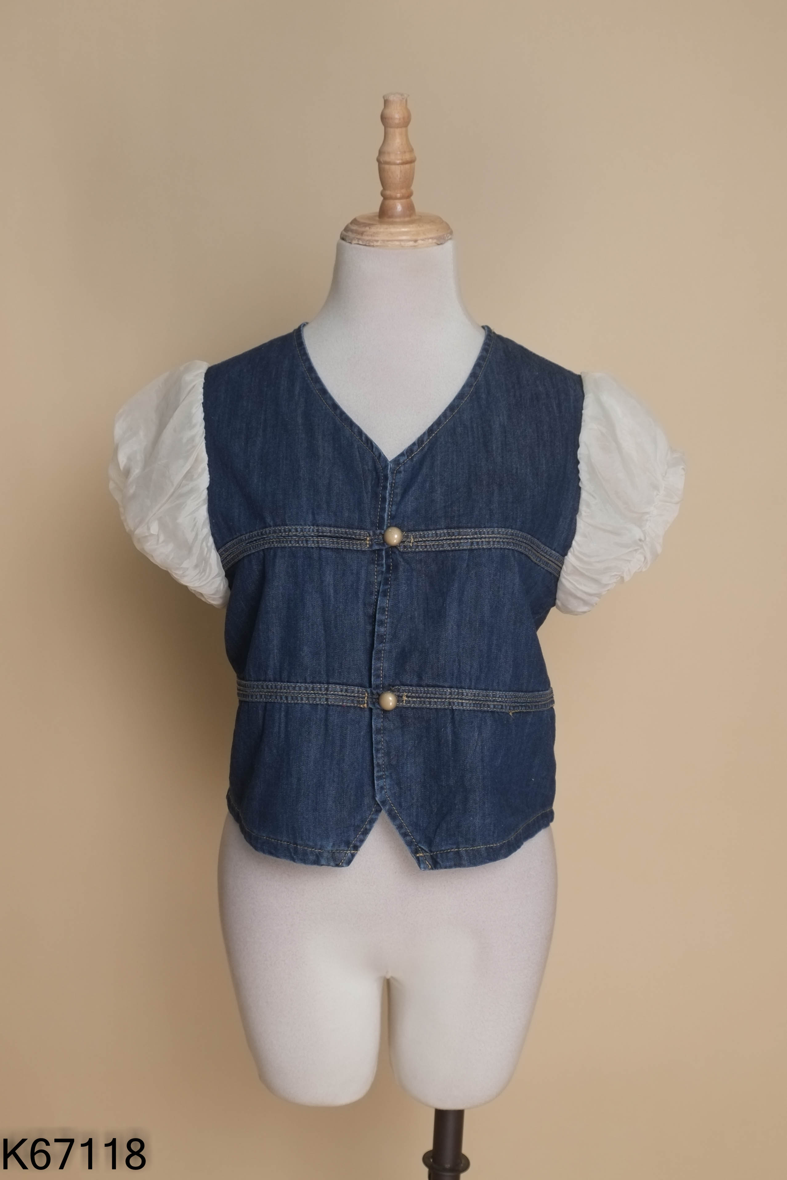 Áo jeans xanh phối tay be voan