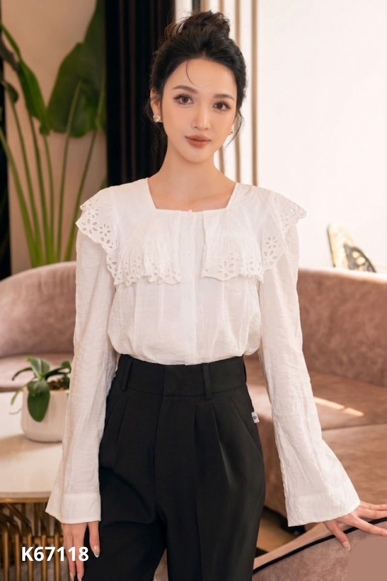 Áo sơ mi nữ trắng cổ vuông phối kiểu