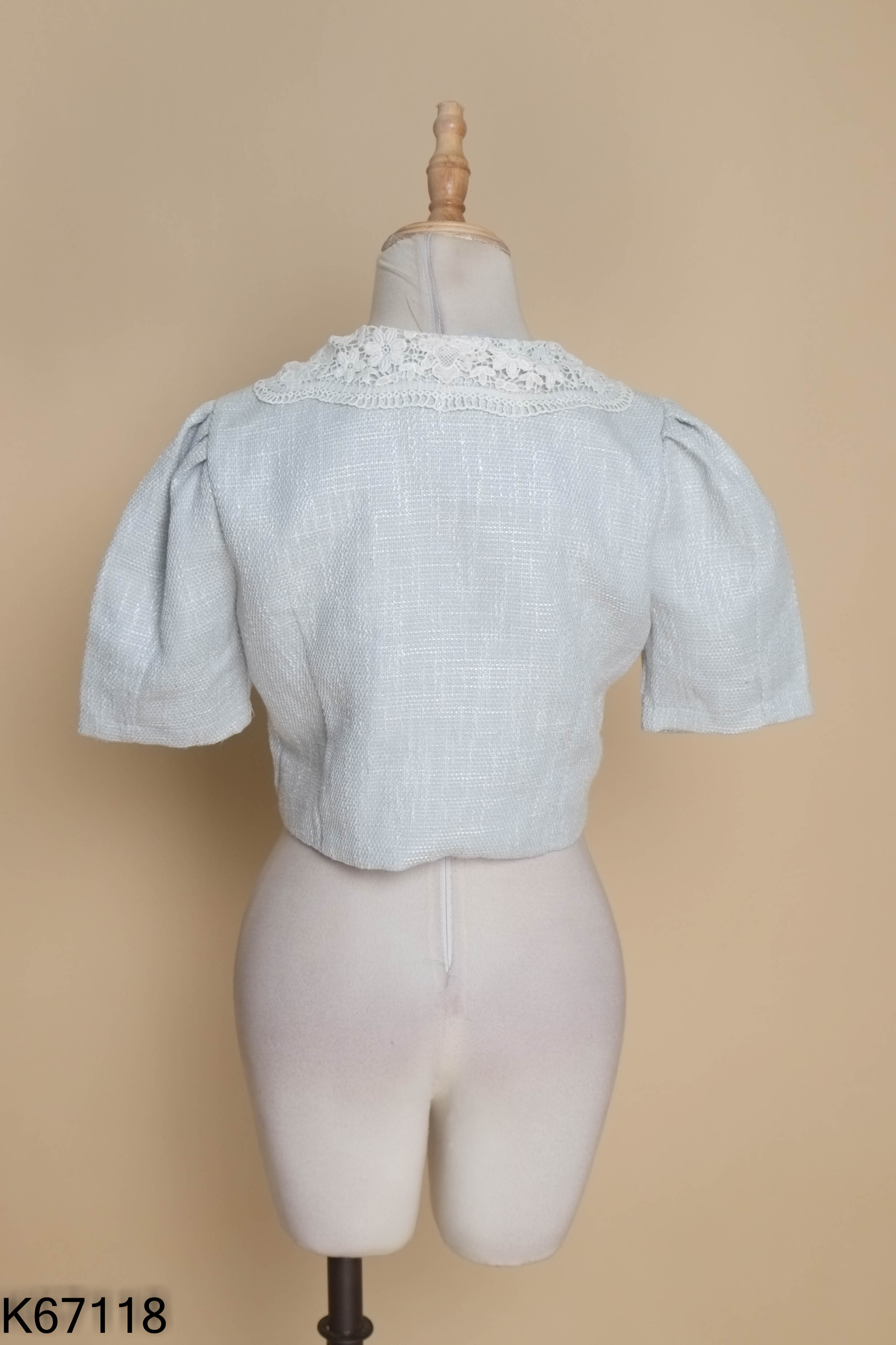 Áo tweed xanh cổ ren croptop