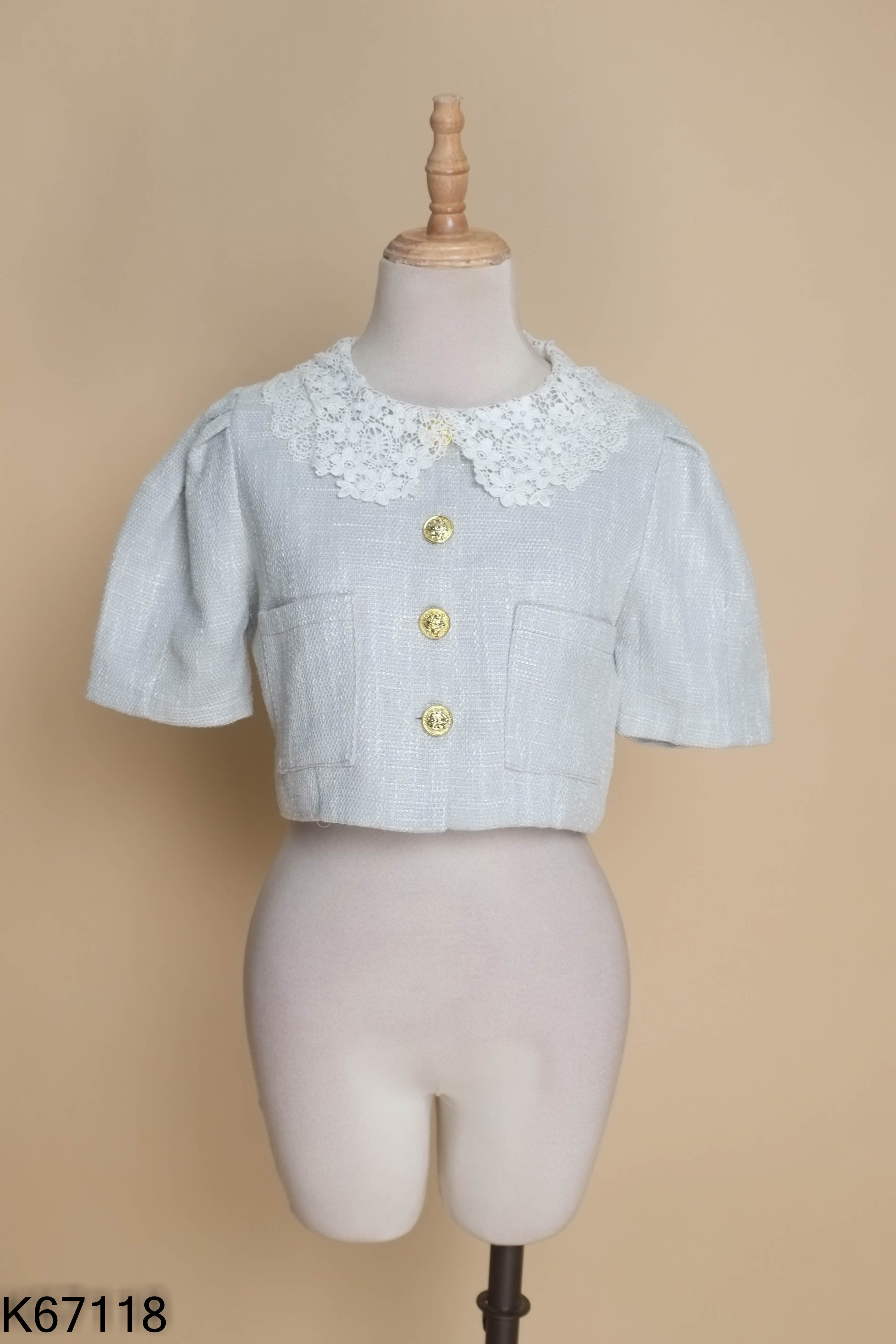Áo tweed xanh cổ ren croptop