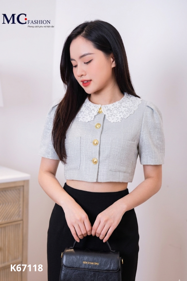 Áo tweed xanh cổ ren croptop