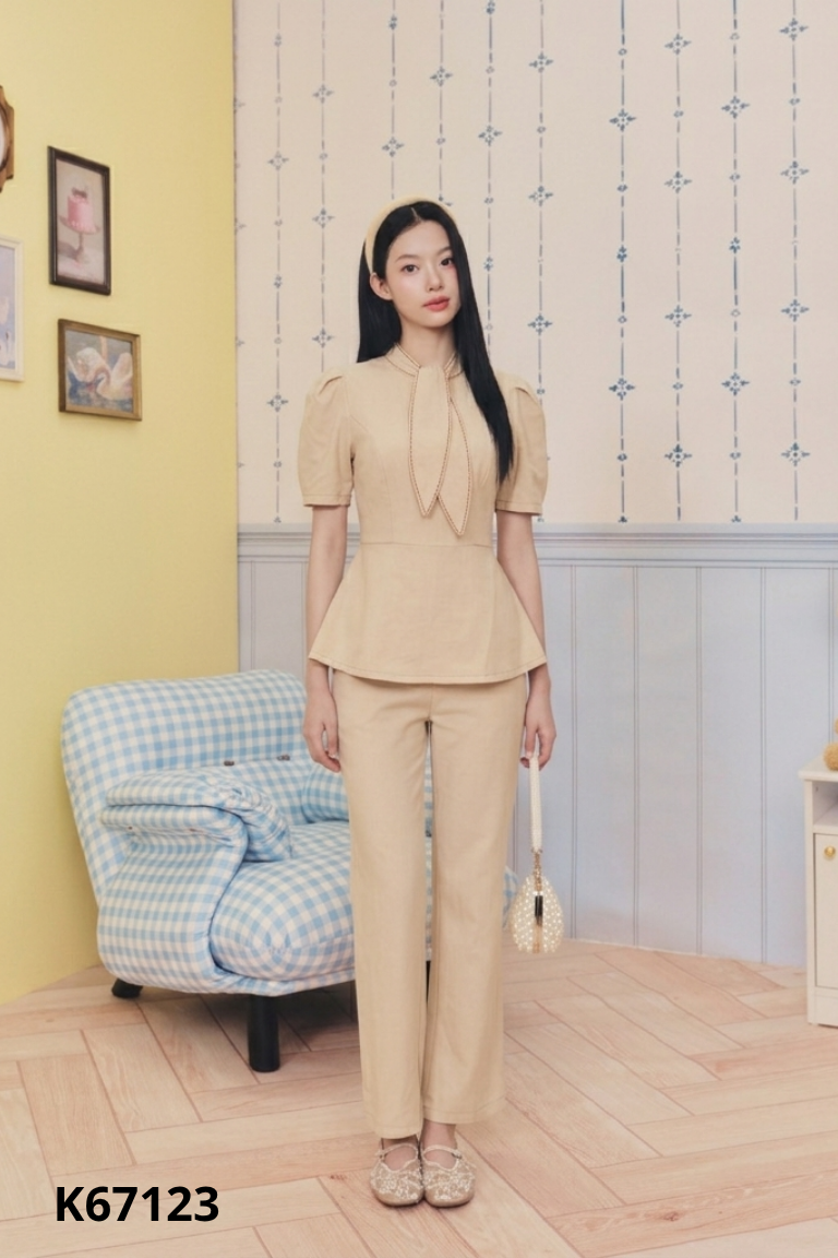 Set Áo be phối nơ + Quần dài