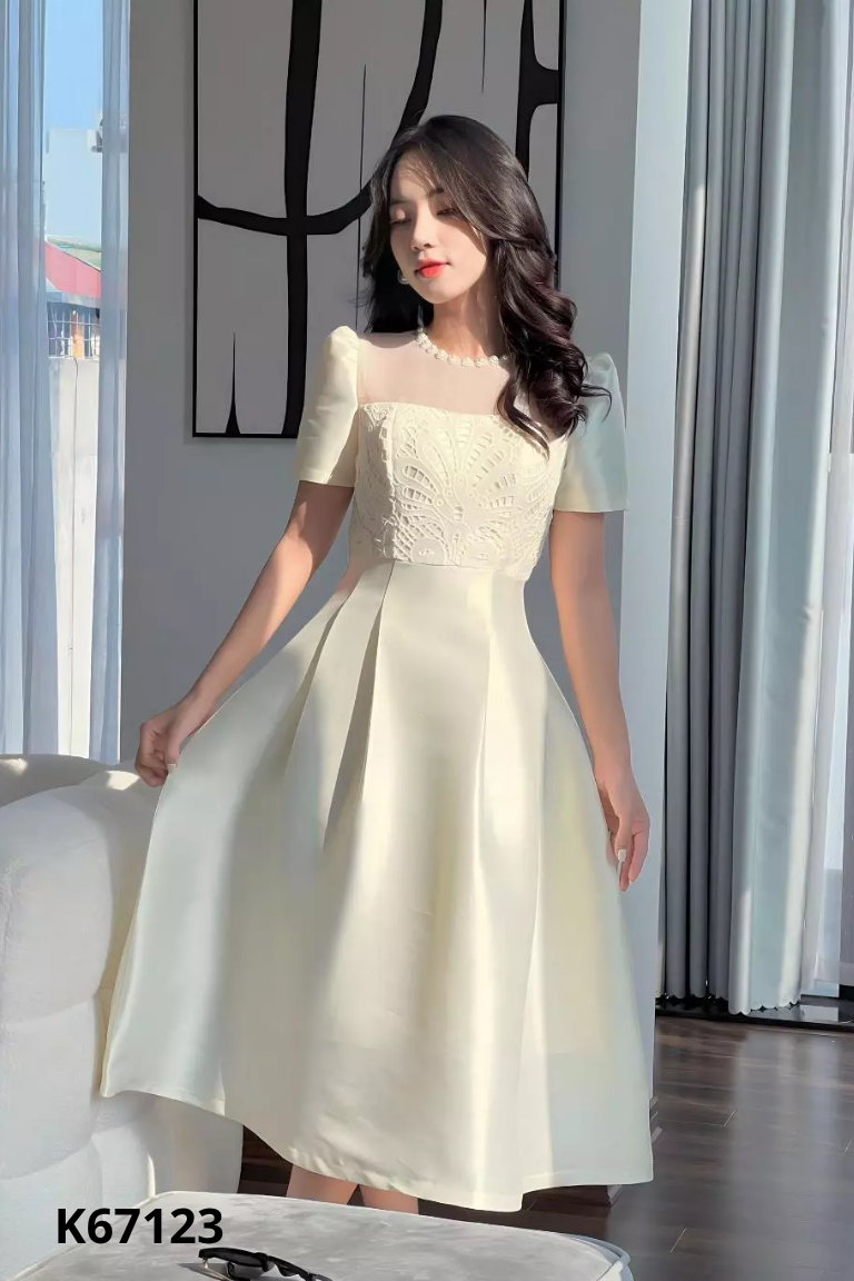 Váy tweed kem LUCIDO mix voan viền ngọc