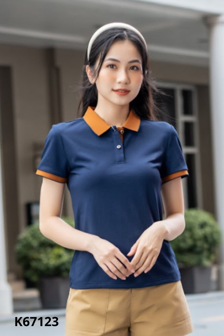Áo polo xanh than cổ nâu