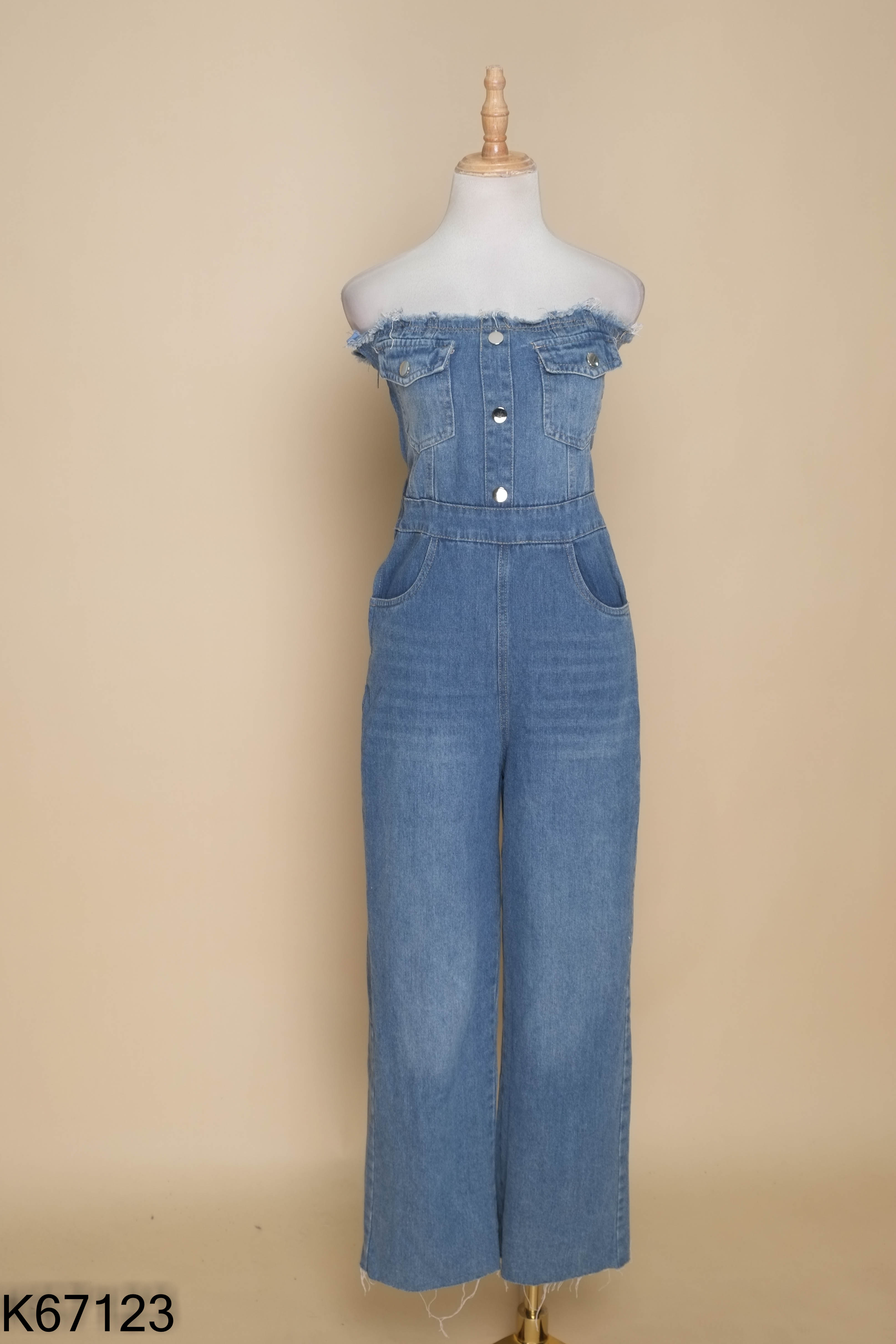 Jumpsuit jeans xanh cúp ngực