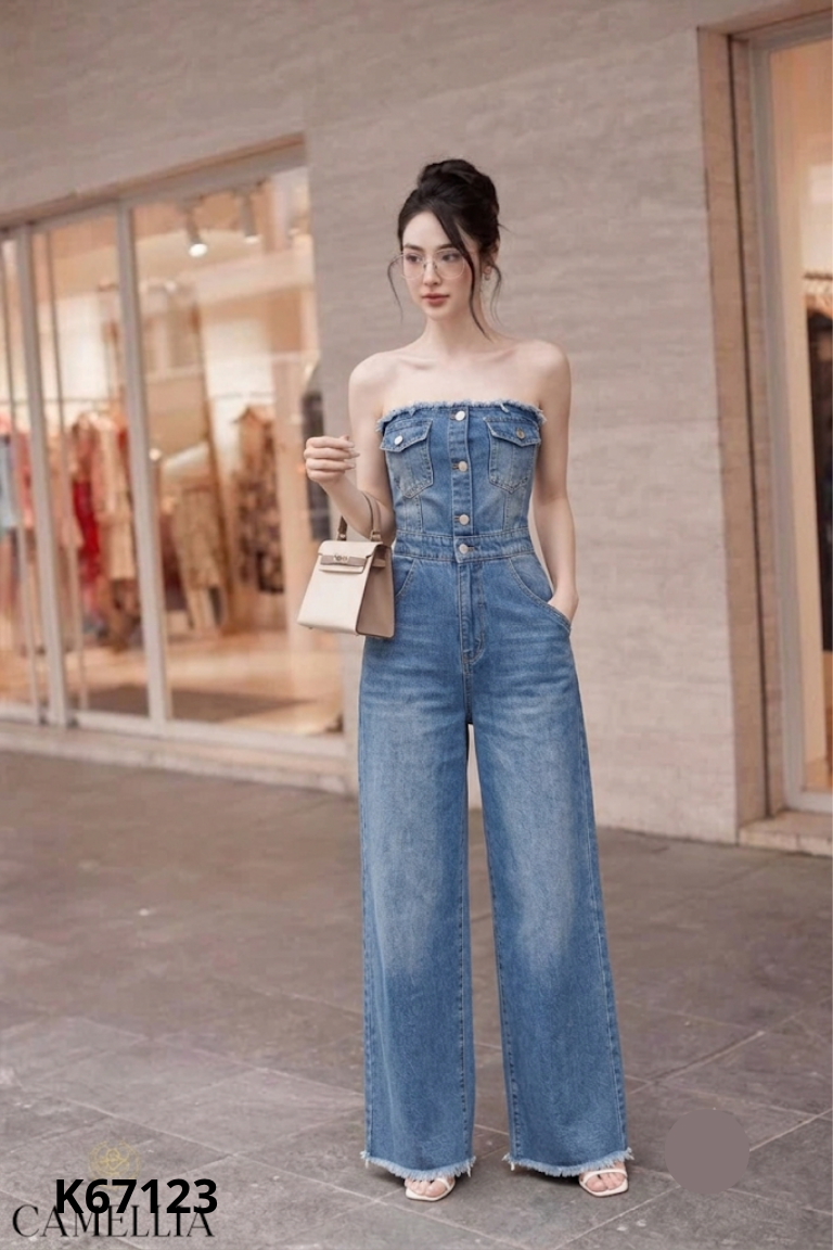 Jumpsuit jeans xanh cúp ngực
