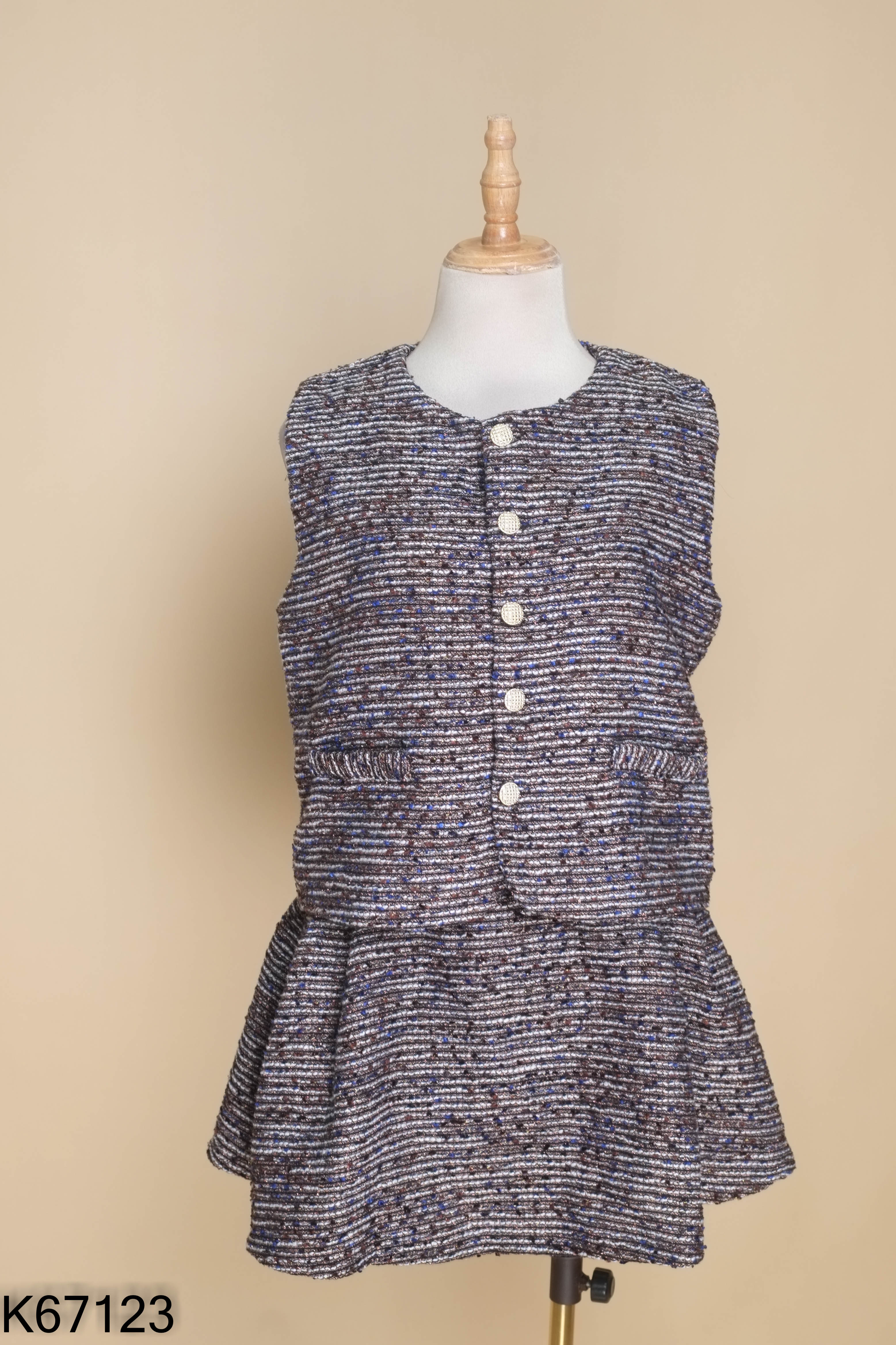 Set Áo gile tweed len đen xanh + Chân váy