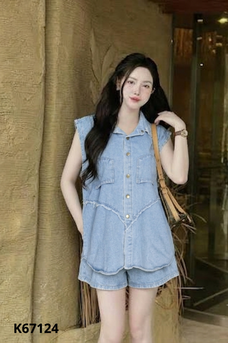 Set Áo sát nách jeans xanh + quần shorts