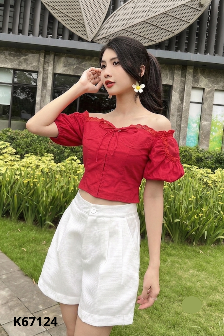 Áo linen đỏ buộc nơ