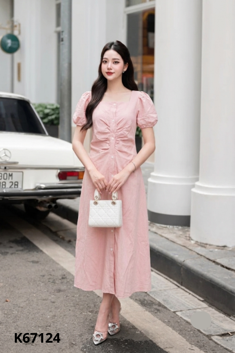 Váy đũi hồng tay phồng phối cúc