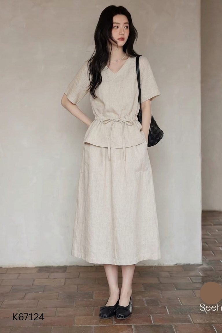 Set Áo linen be cổ V+ chân váy