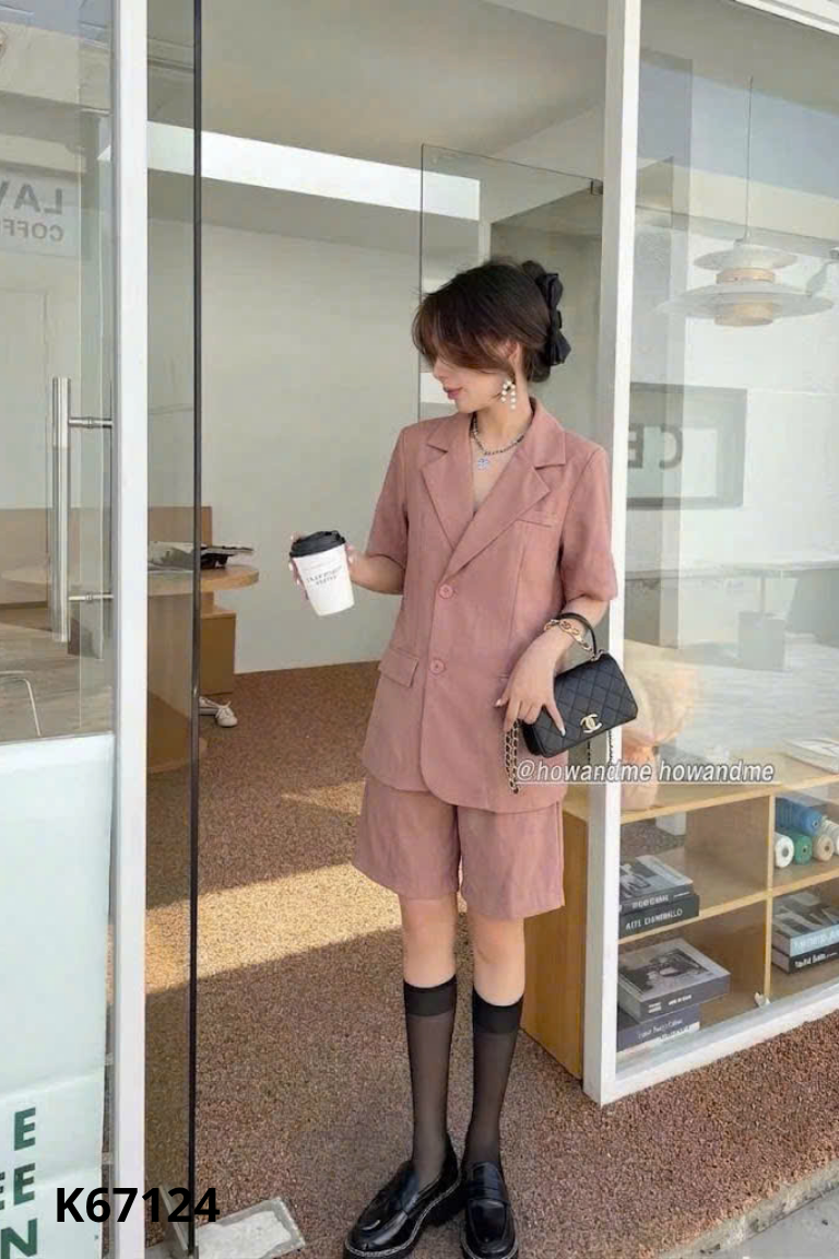 Set Áo blazer nâu ngắn tay + quần shorts