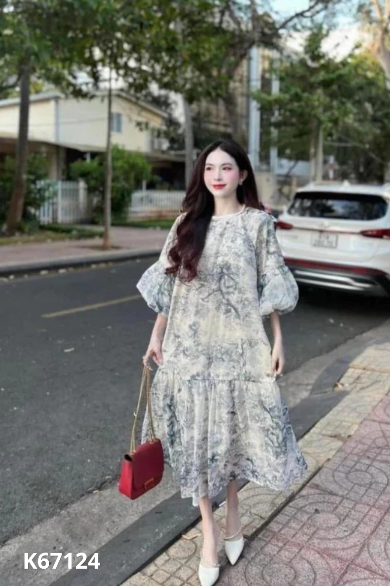 Váy voan họa tiết xanh tay phồng
