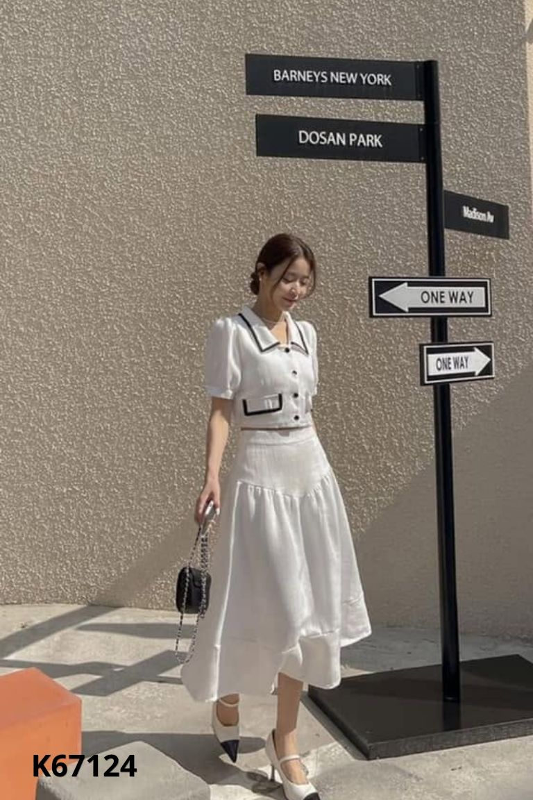 Set Áo trắng viền đen tay phồng + chân váy