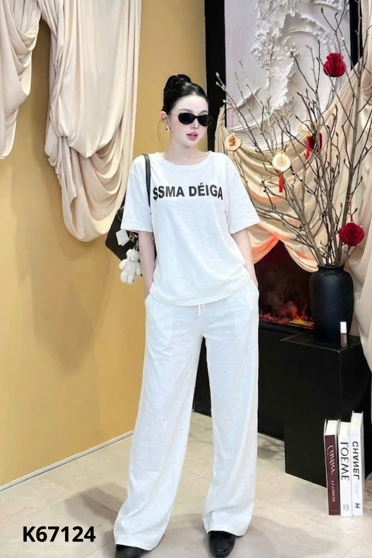 Set Áo trắng in chữ đen + quần dài