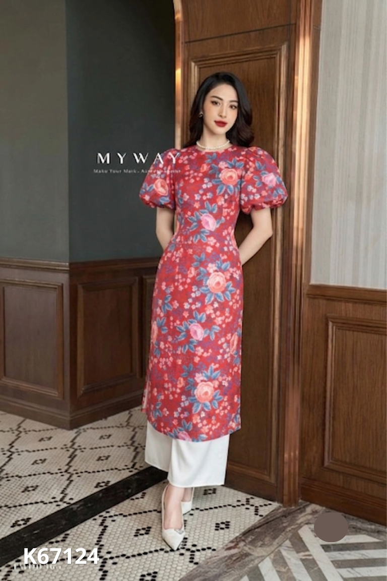 Áo dài đỏ hoa tay phồng + quần trắng