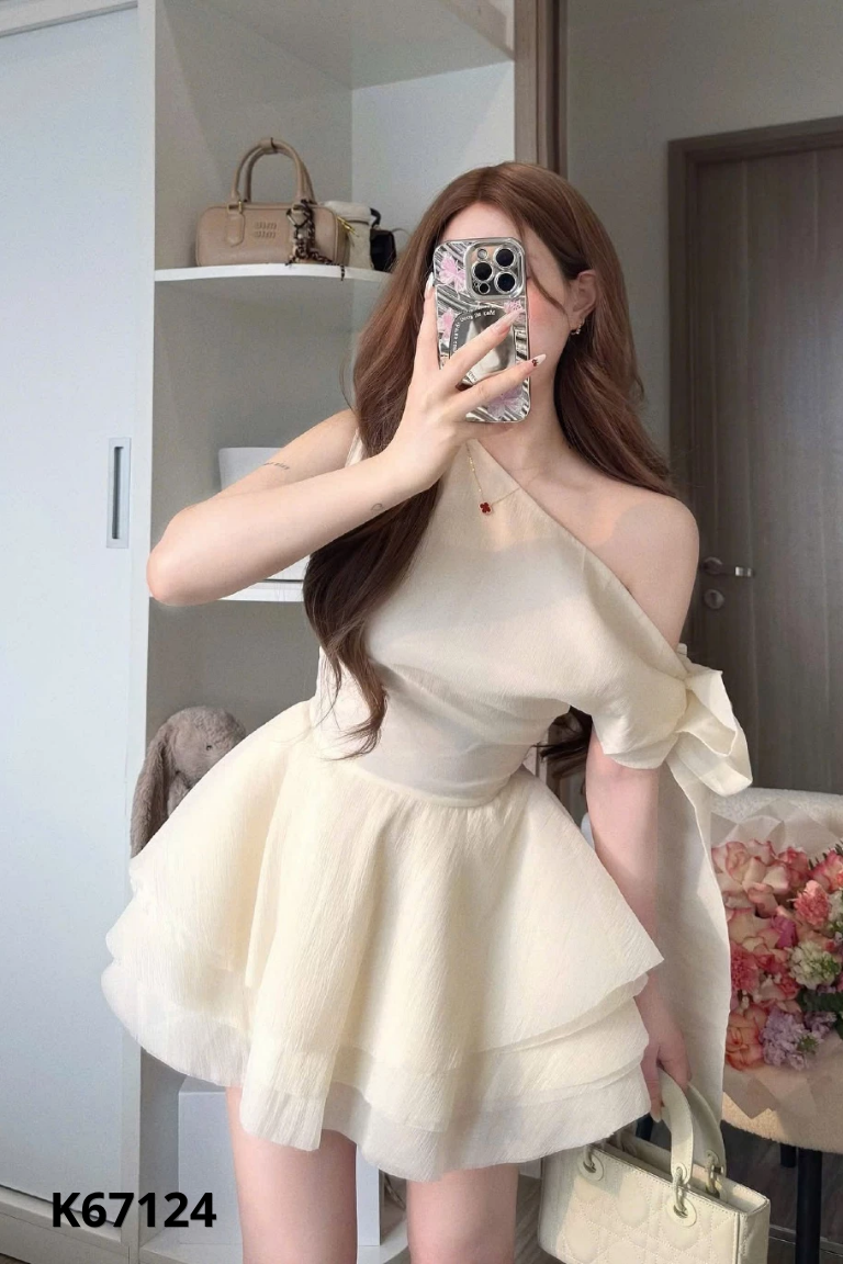 NEWTAG Váy voan be lệch vai