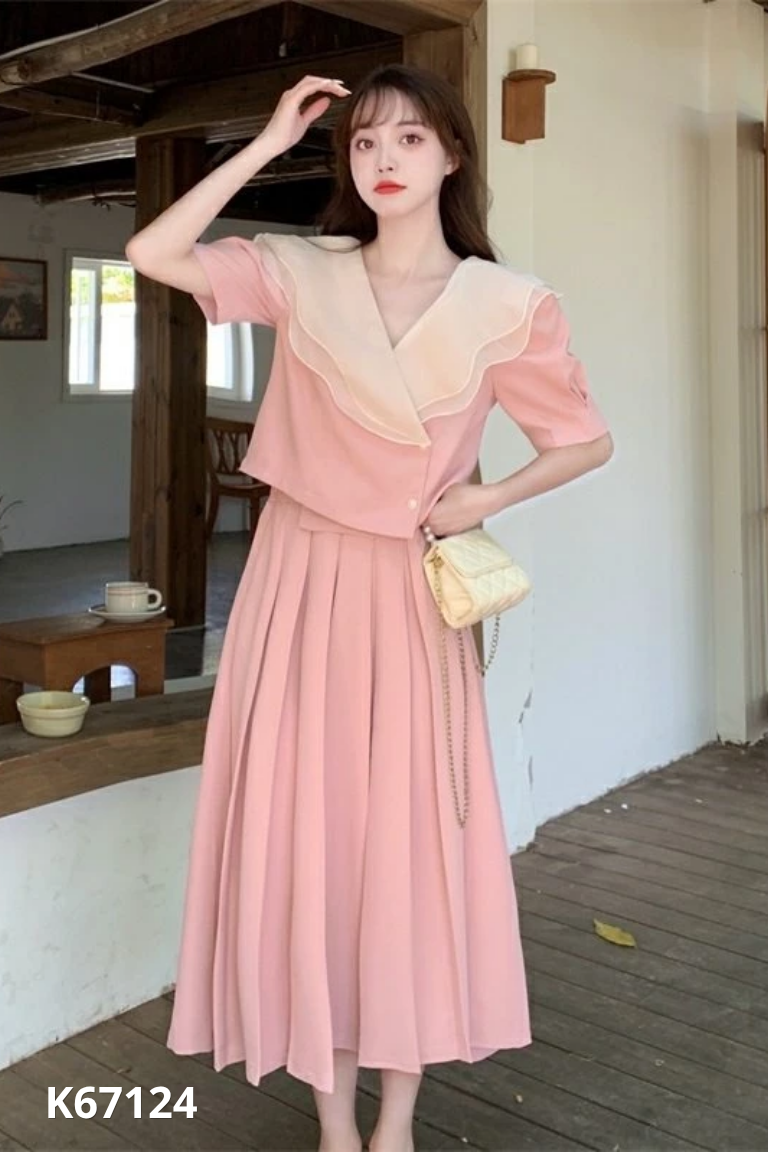 NEWTAG Set Áo hồng phối voan be + chân váy
