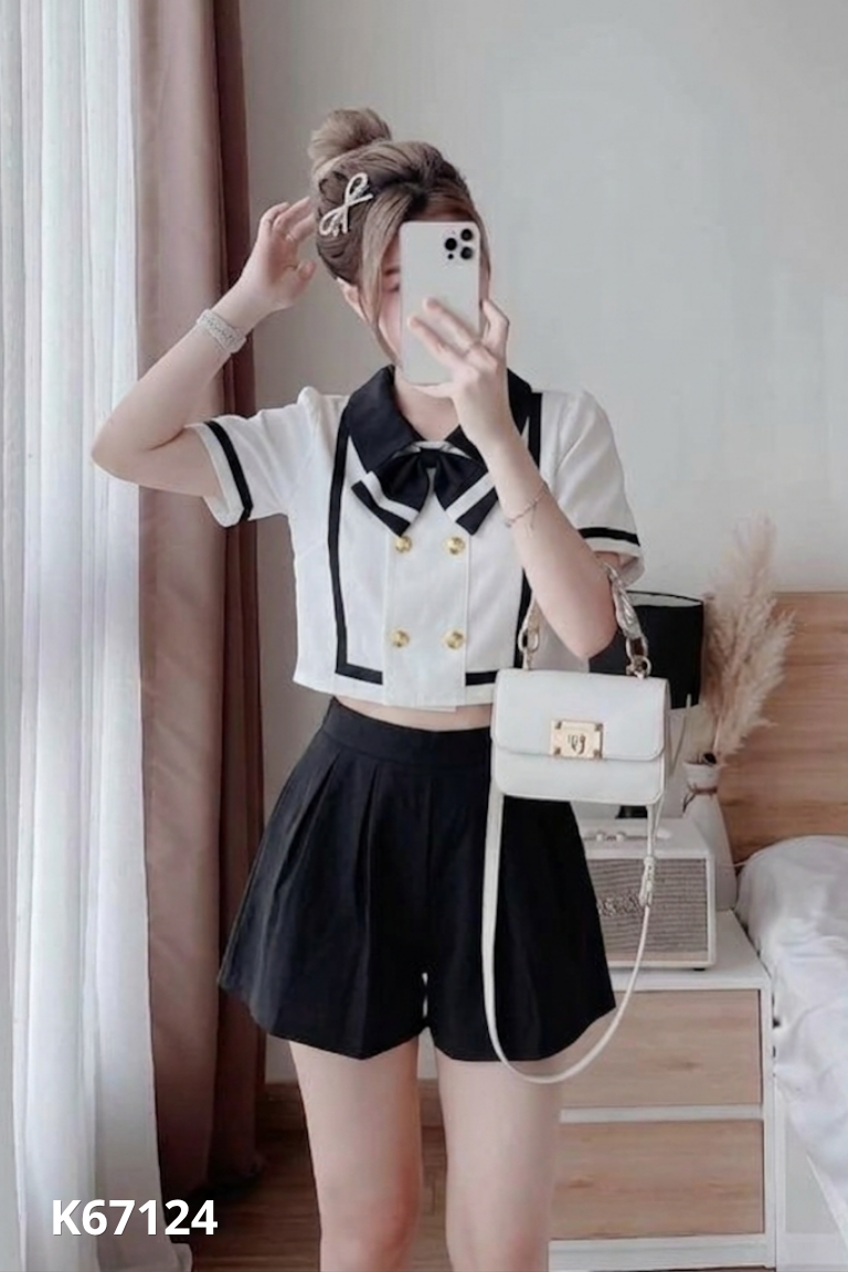 Set Áo trắng cổ đen phối nơ + quần shorts